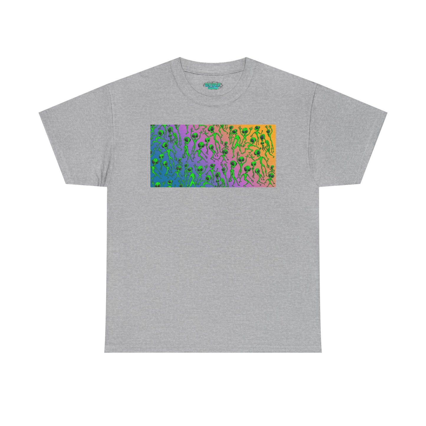 Alien Dance Party Gradient Tee — Colorful Psychedelic Green Aliens Art T-Shirt