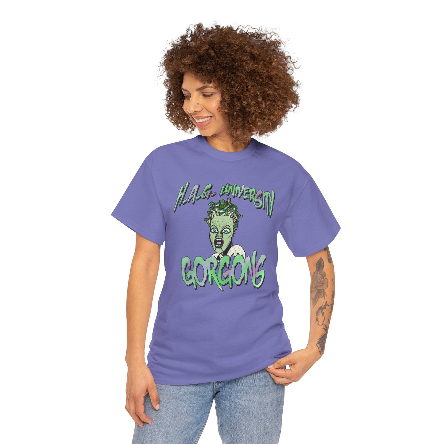 H.A.G. University Gorgons Unisex Heavy Cotton Tee - Spooky & Fun Graphic T-Shirt