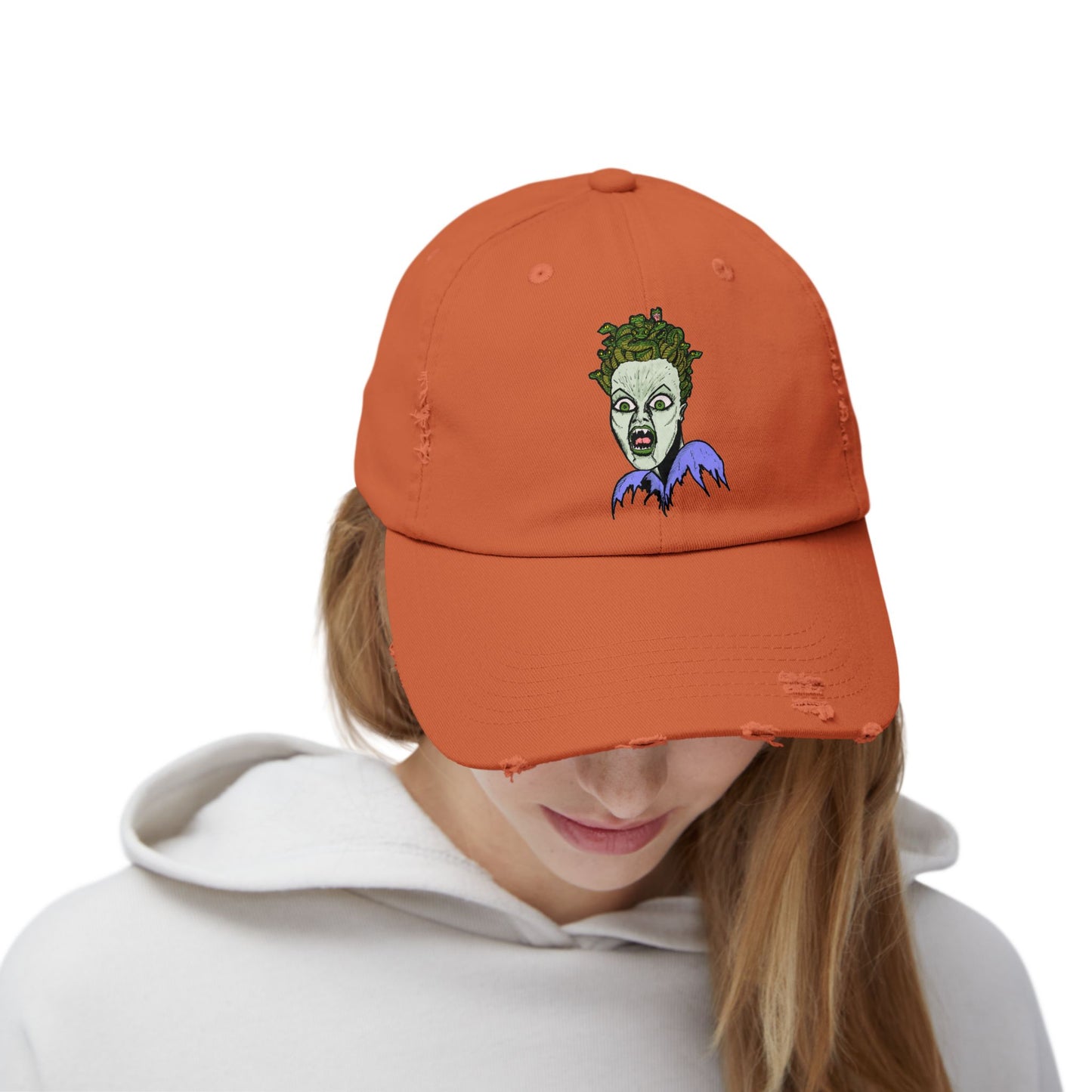 Medusa Unisex Distressed Cap with Eerie Design, Casual Hat, Halloween Accessory, Statement Cap, Gift for Horror Fans, Trendy Distressed Hat