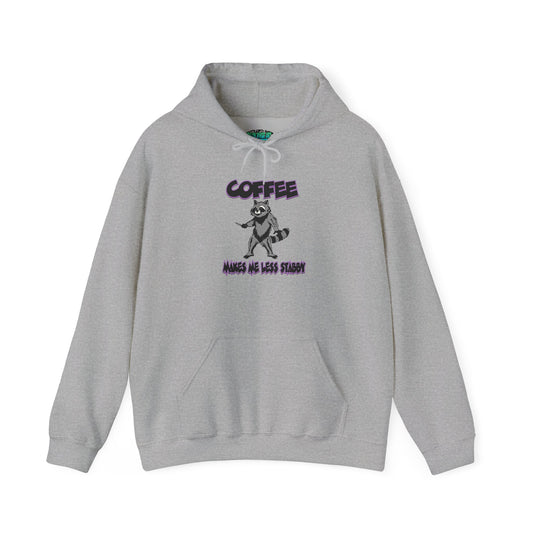 Coffee Makes Me Less Stabby Themed Unisex Hoodie with Fun Raccoon Design, Perfect for Coffee Lovers, Gift for Birthdays, Chill Days, Cozy Sweater