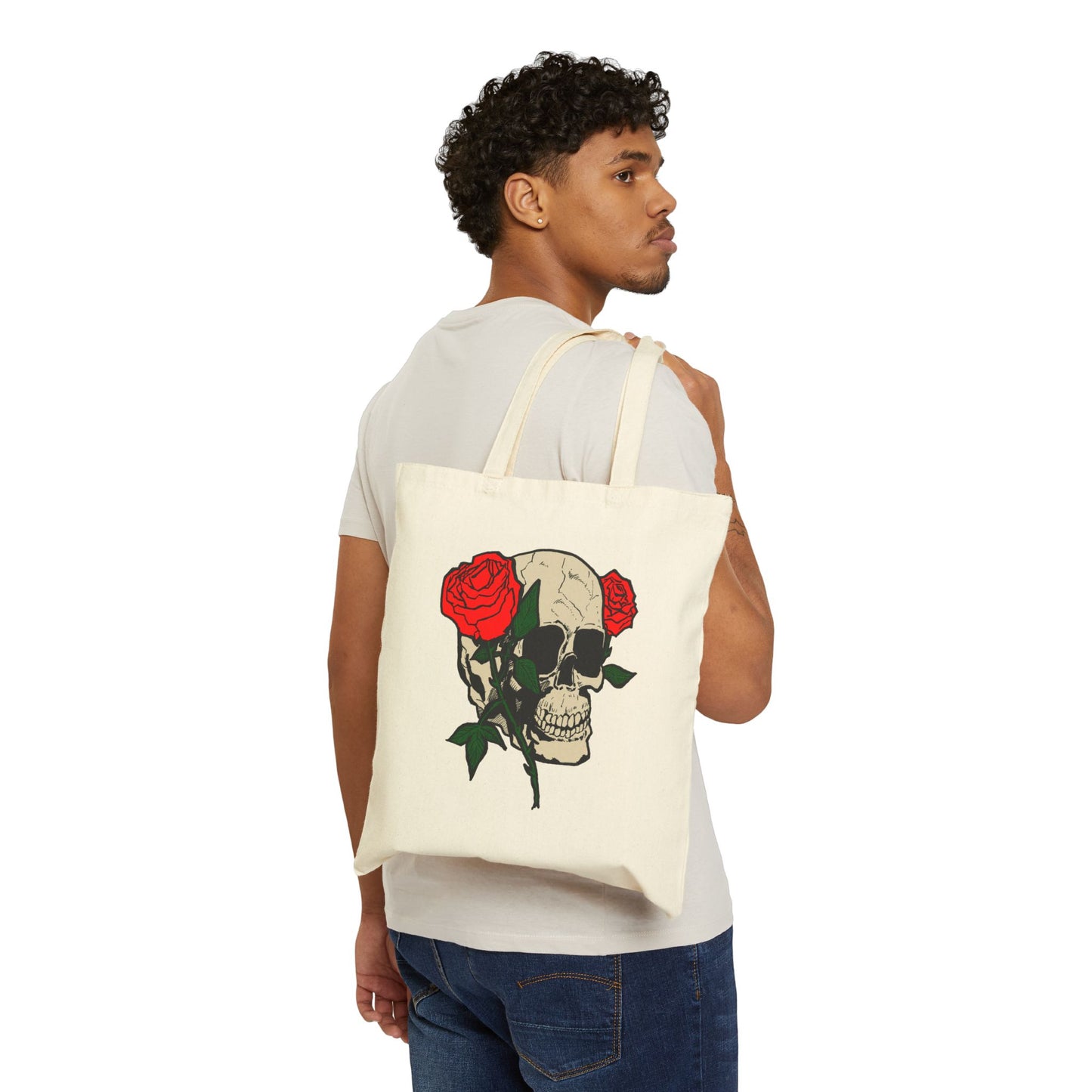 Skull & Roses Canvas Tote Bag — Gothic Floral Reusable Shopper