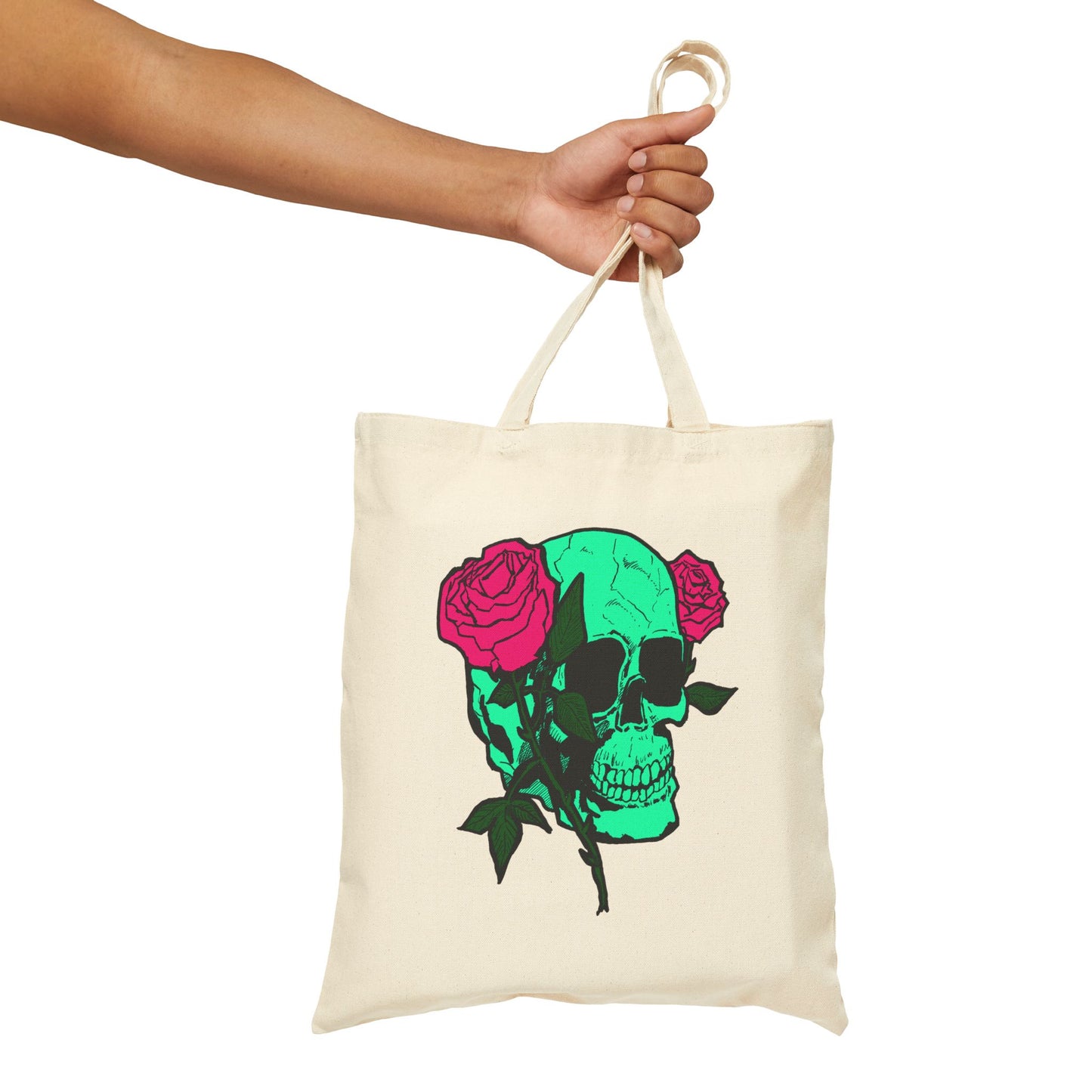 Skull & Roses Canvas Tote — Green Skull with Pink Roses Cotton Bag