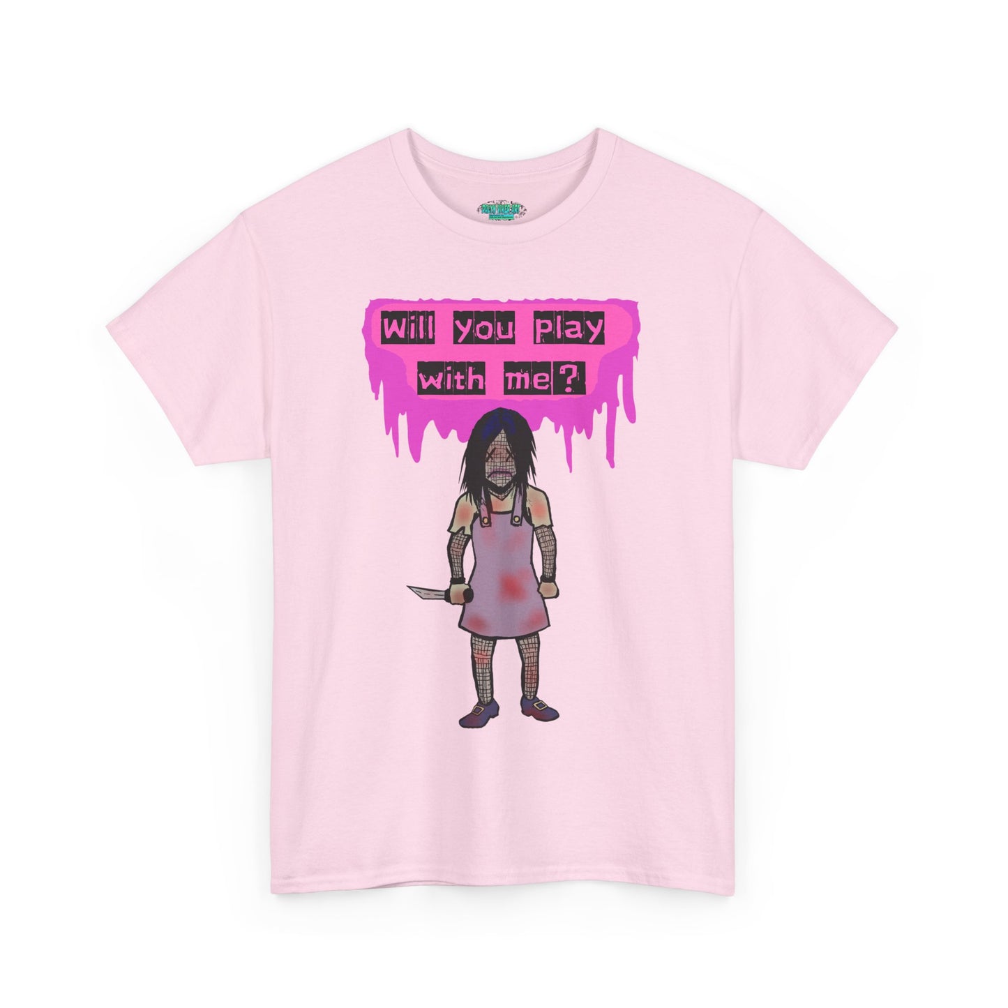 Playful Evil Doll Horror Graphic Tee, Unisex Heavy Cotton Shirt, Casual Wear, Unique Gift, Halloween Costume, Quirky Fashion