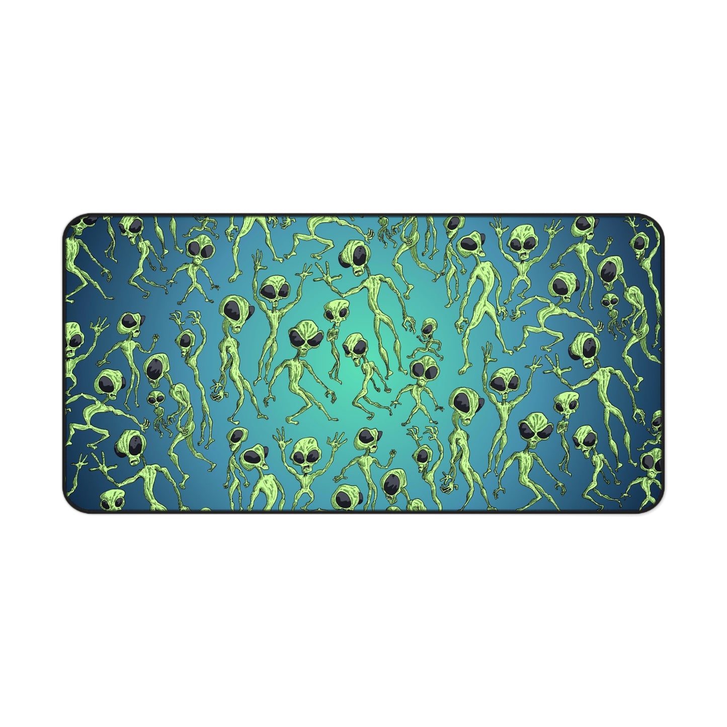 Alien Dance Party Pattern Desk Mat — Retro Green Extraterrestrial Gaming Mousepad