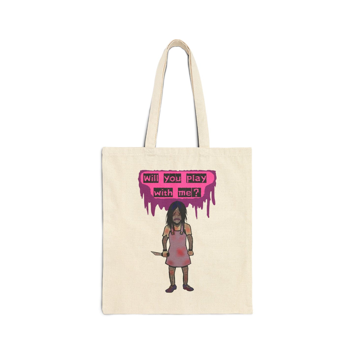 Tote Bag — 'Will You Play With Me?' Horror Creepy Doll Canvas Tote