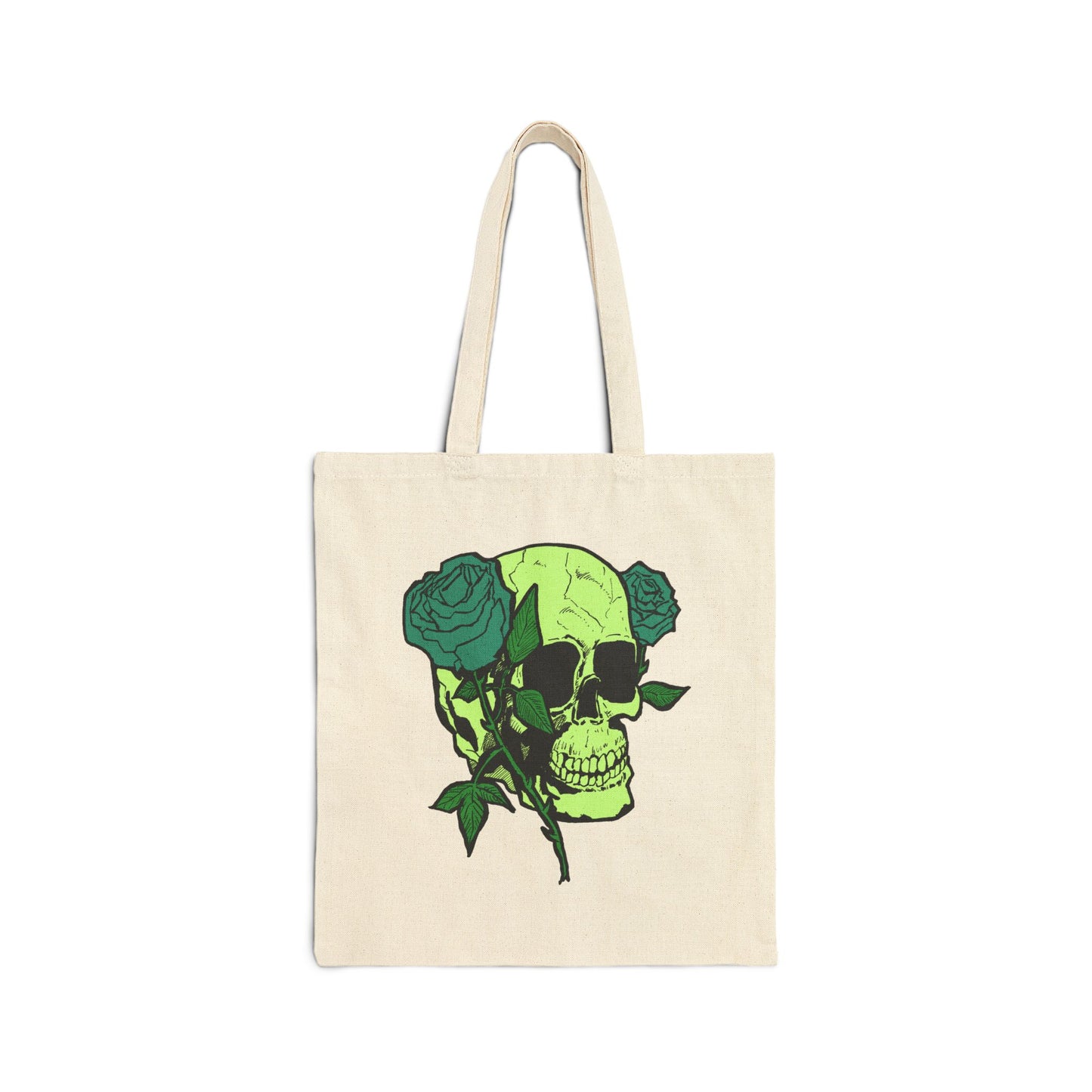 Green Skull & Roses Cotton Canvas Tote — Gothic Floral Reusable Bag