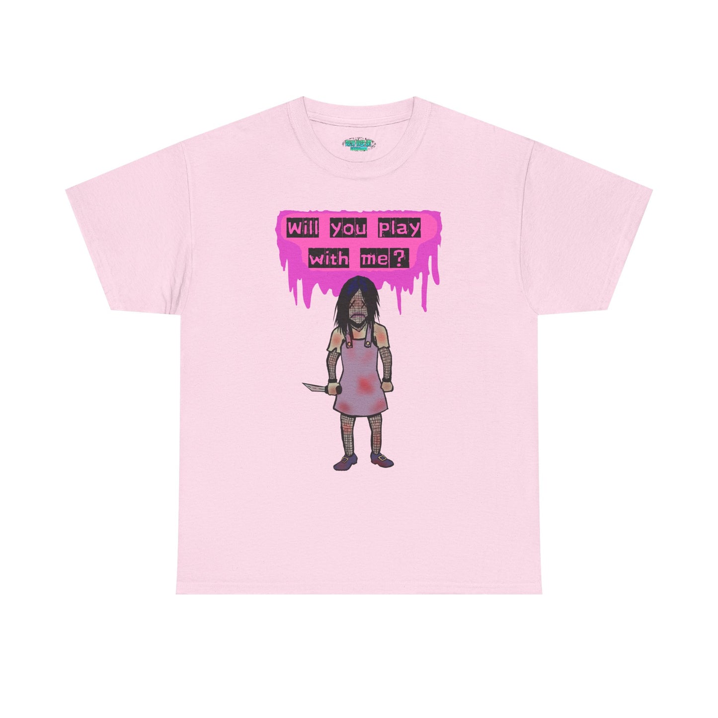Playful Evil Doll Horror Graphic Tee, Unisex Heavy Cotton Shirt, Casual Wear, Unique Gift, Halloween Costume, Quirky Fashion