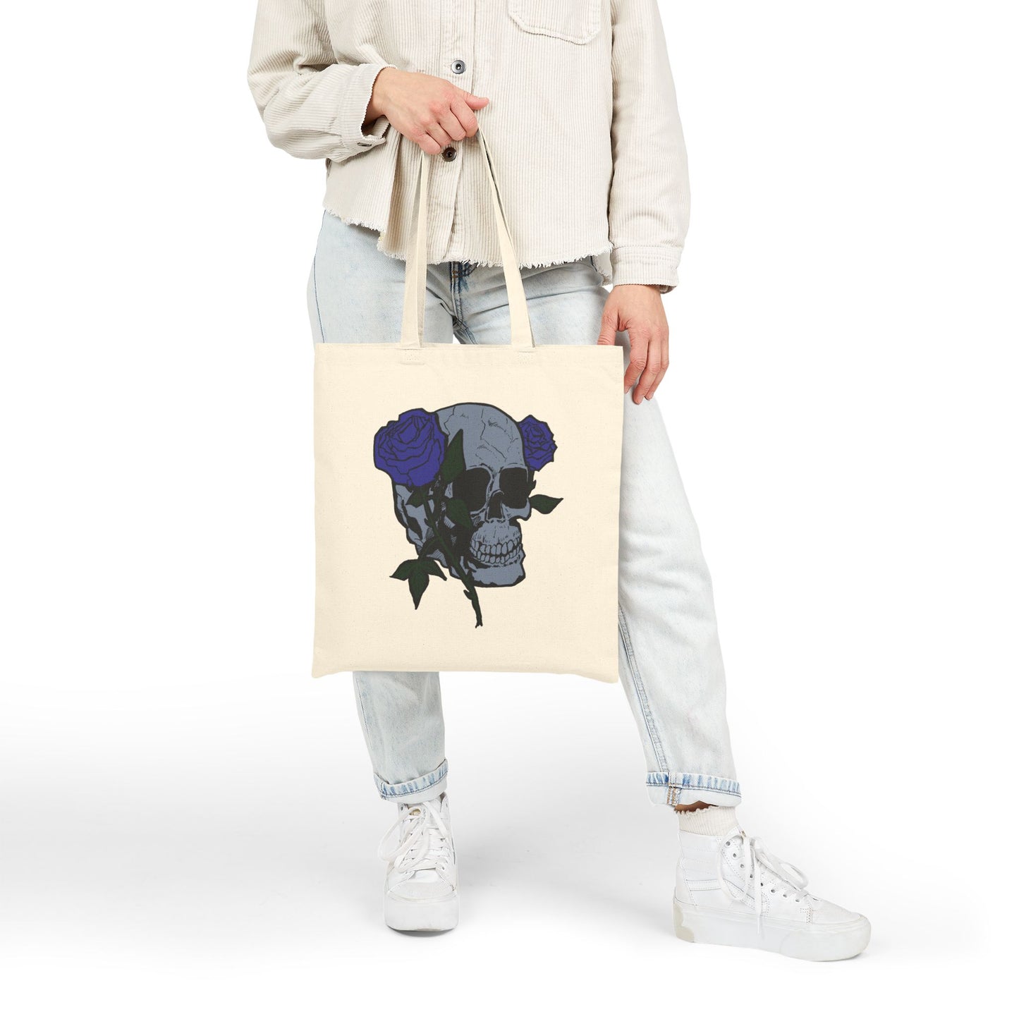 Skull with Blue Roses Cotton Tote Bag – Gothic Floral Canvas Shopper