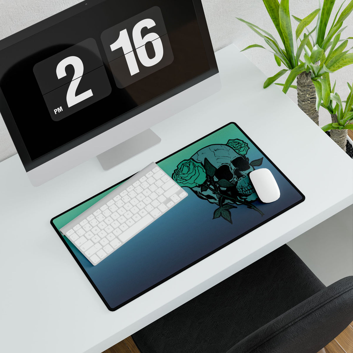 Gradient Skull Desk Mat with Teal Rose — Large Gaming/Office Desk Pad and Card Playing Mat