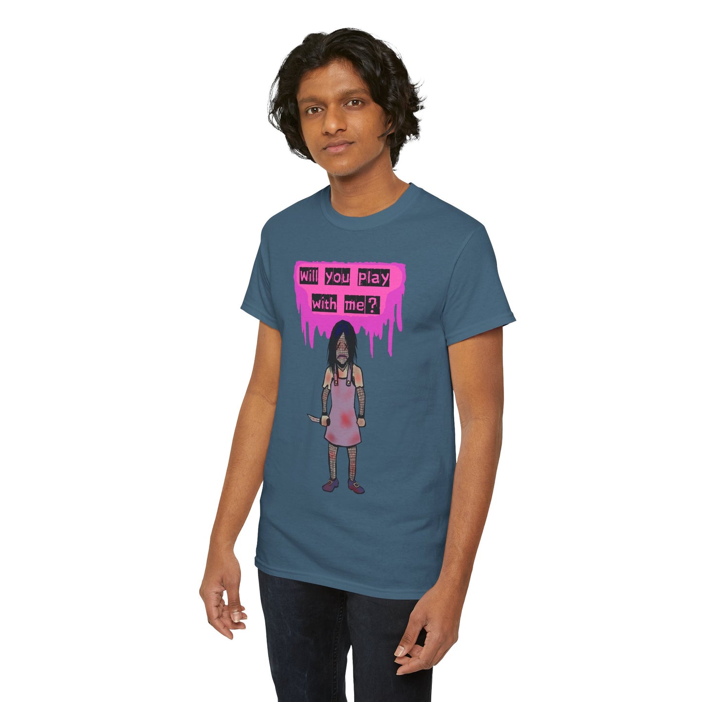Playful Evil Doll Horror Graphic Tee, Unisex Heavy Cotton Shirt, Casual Wear, Unique Gift, Halloween Costume, Quirky Fashion
