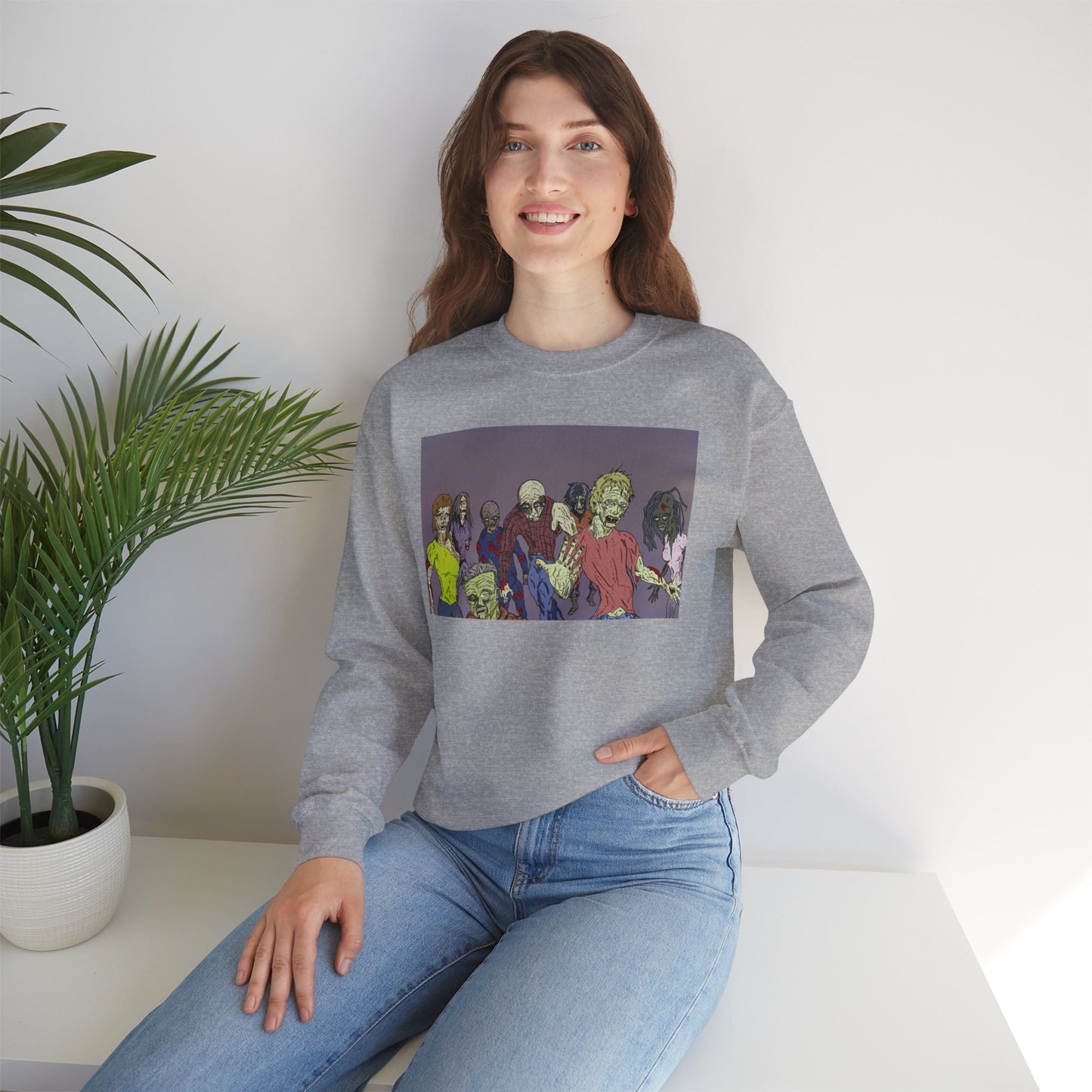 Zombie-Themed Unisex Crewneck Sweatshirt - Perfect for Halloween and Horror Lovers