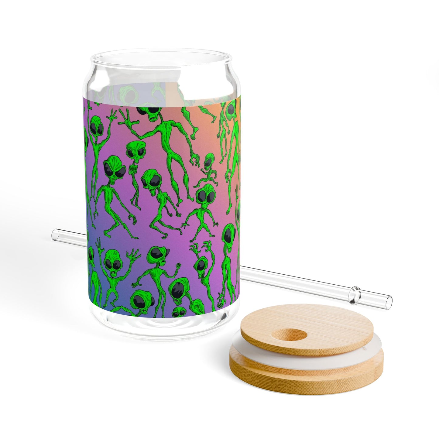 Alien Dance Party Sipper Glass – 16oz Colorful Green Alien Pattern Tumbler