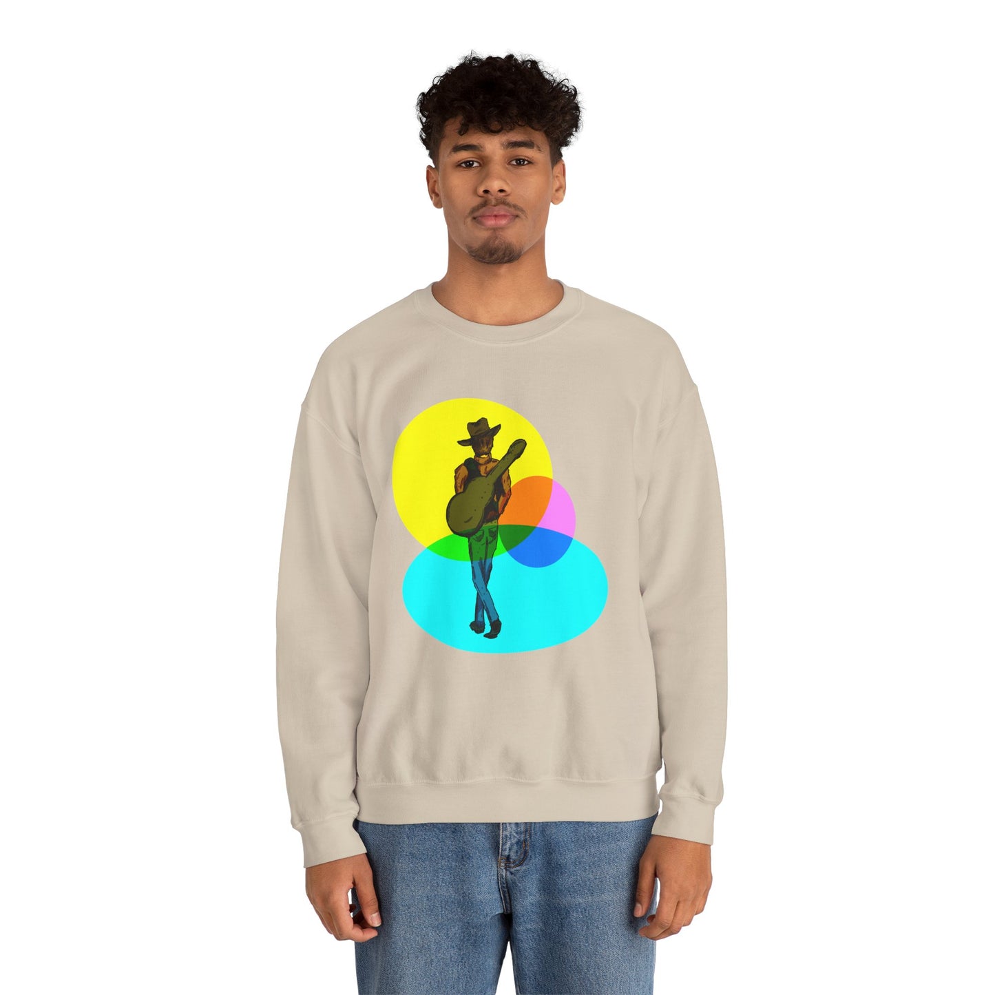 Cowboy Guitarist Graphic Sweatshirt — Retro Color Spot Music Pullover