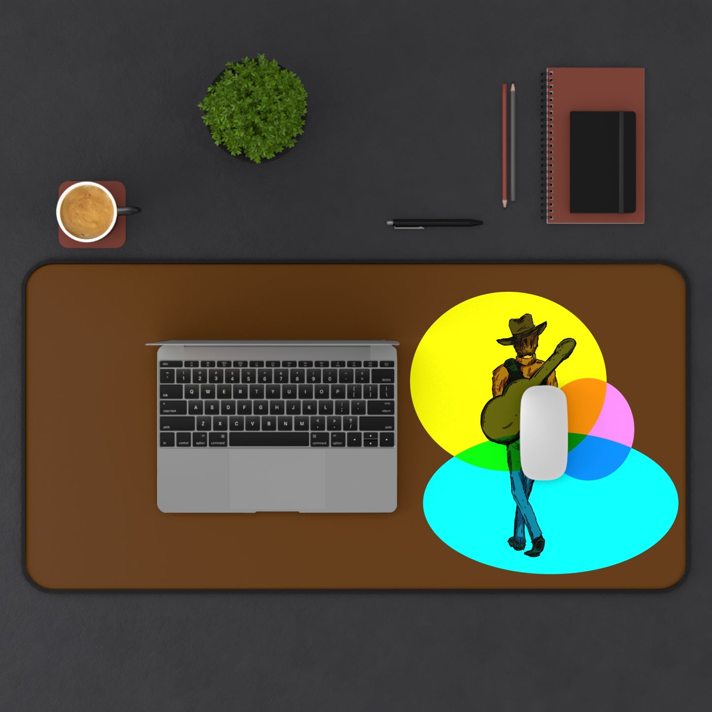 Cowboy Guitarist Vibes Desk Mat — Brown Musician Desk Pad with Colorful Spotlight Art