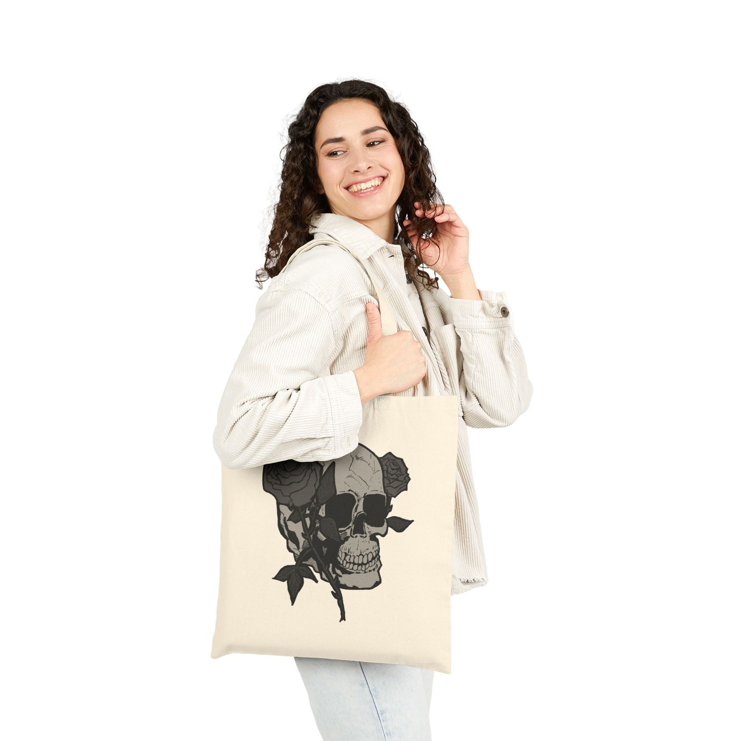 Skull with Roses Canvas Tote Bag — Gothic Floral Reusable Market Bag