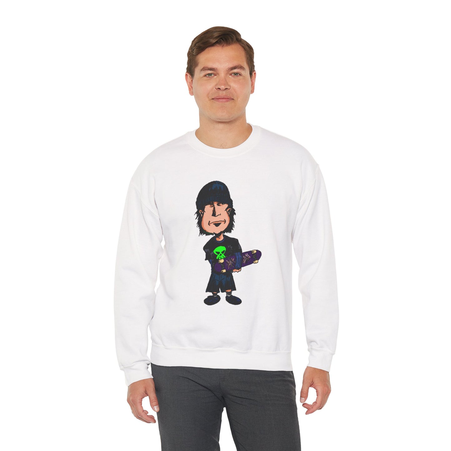 Rude Skater Dude - Cartoon Skate Punk Crewneck Sweatshirt — Retro Skateboard Character Graphic