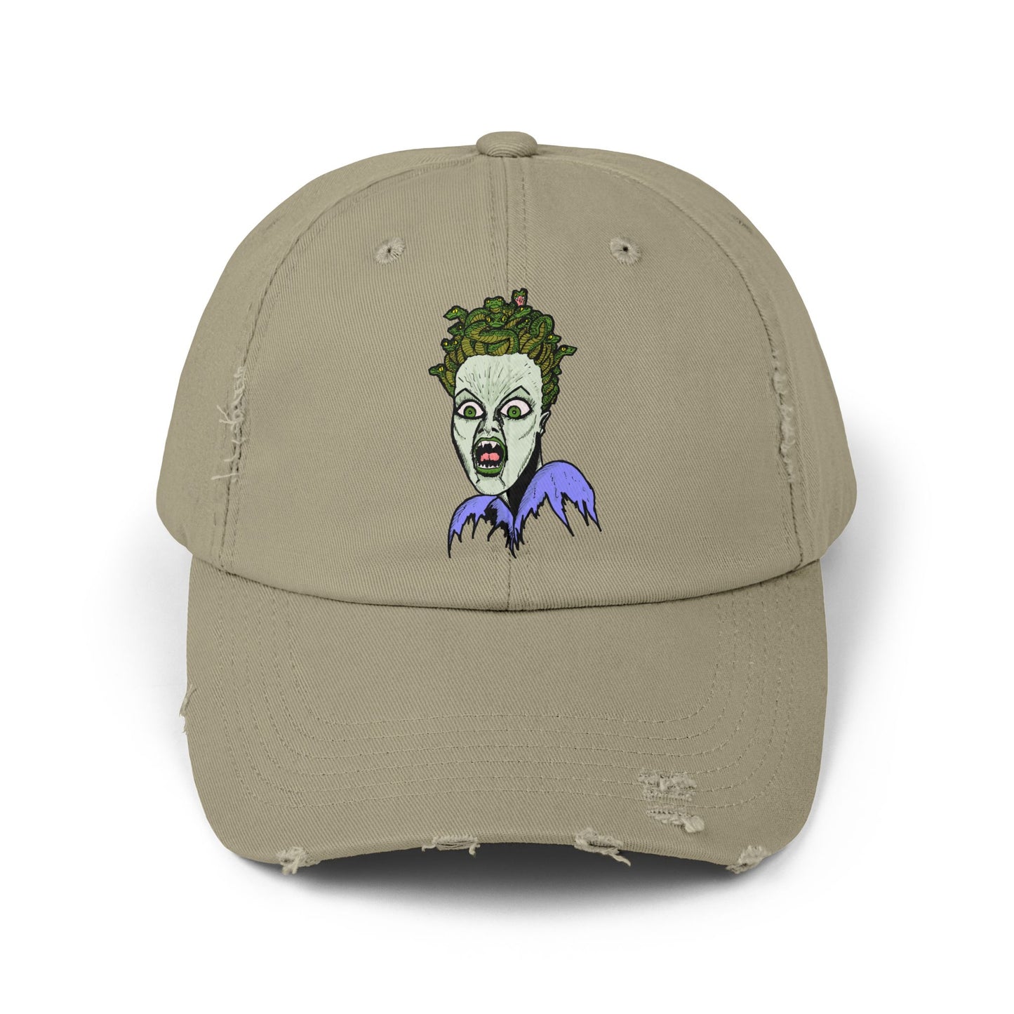 Medusa Unisex Distressed Cap with Eerie Design, Casual Hat, Halloween Accessory, Statement Cap, Gift for Horror Fans, Trendy Distressed Hat