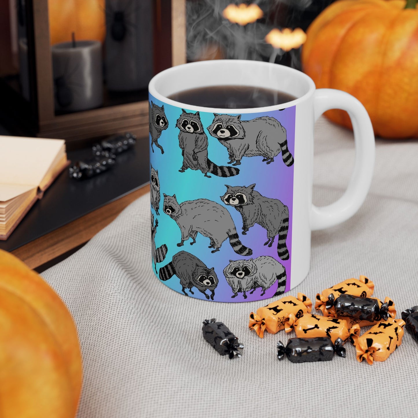 Raccoon Pattern Ceramic Mug — Cute Cartoon Raccoons on Gradient Background (11oz, 15oz)