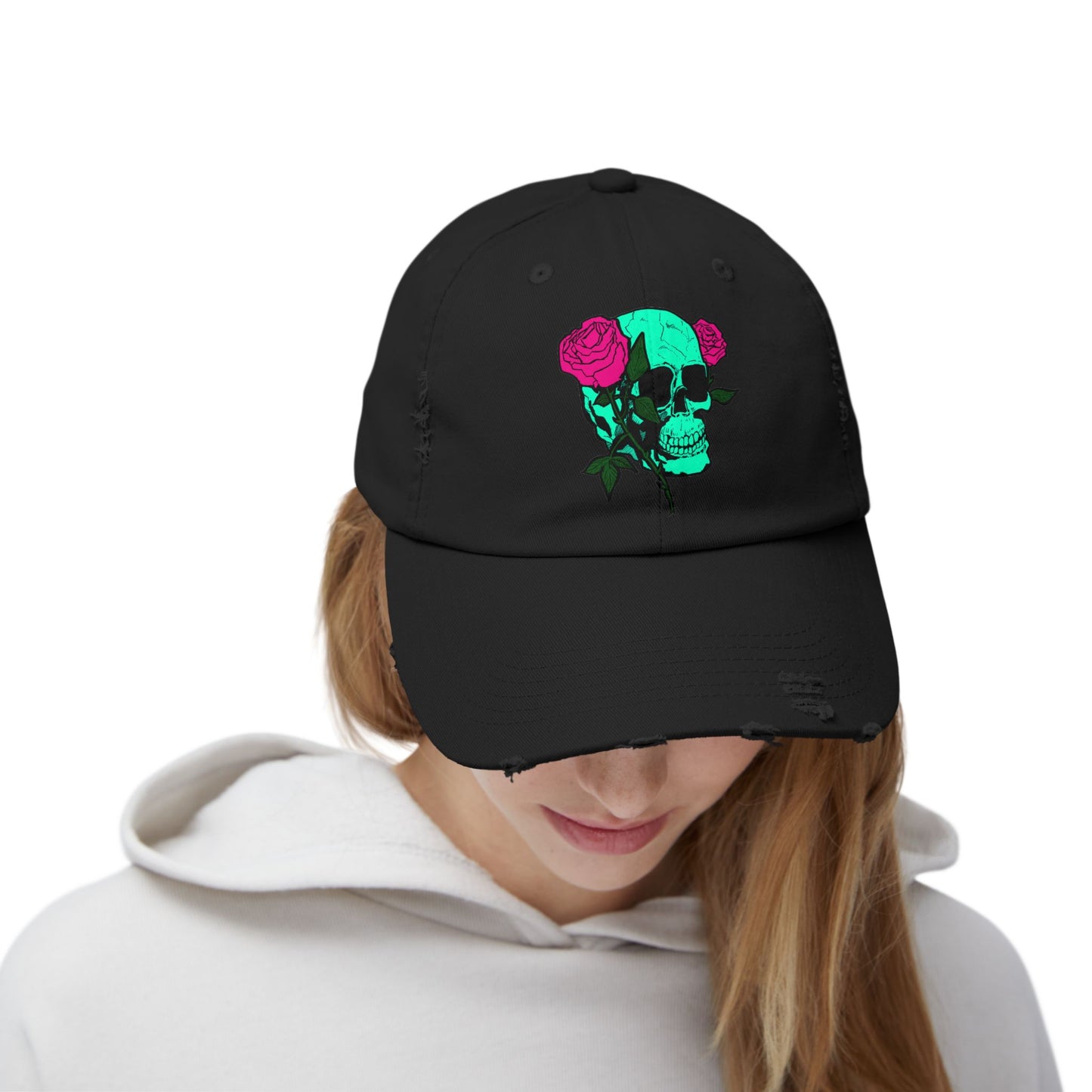 Trendy Distressed Skull Cap with Roses