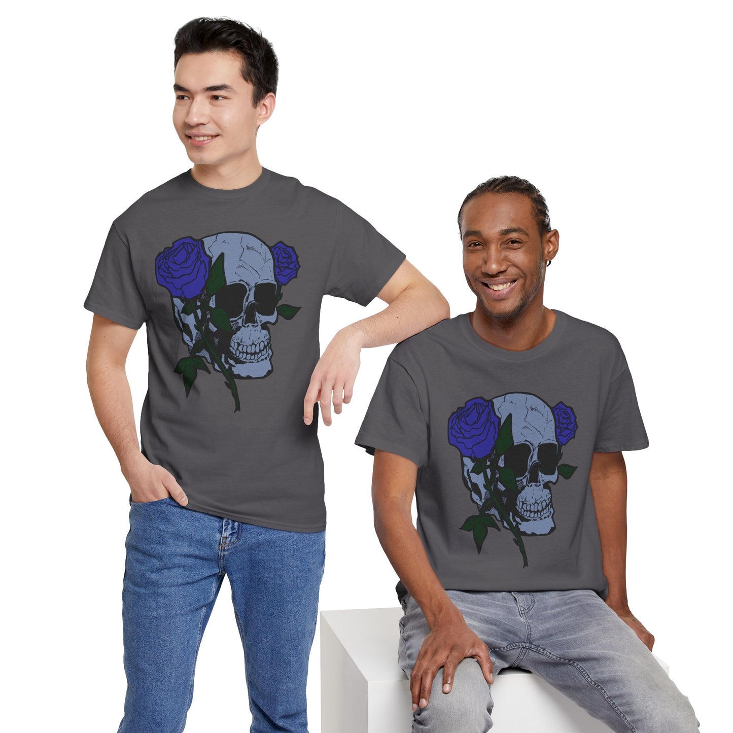 Unisex Heavy Cotton Tee with Skull and Rose Design - Edgy Streetwear Top