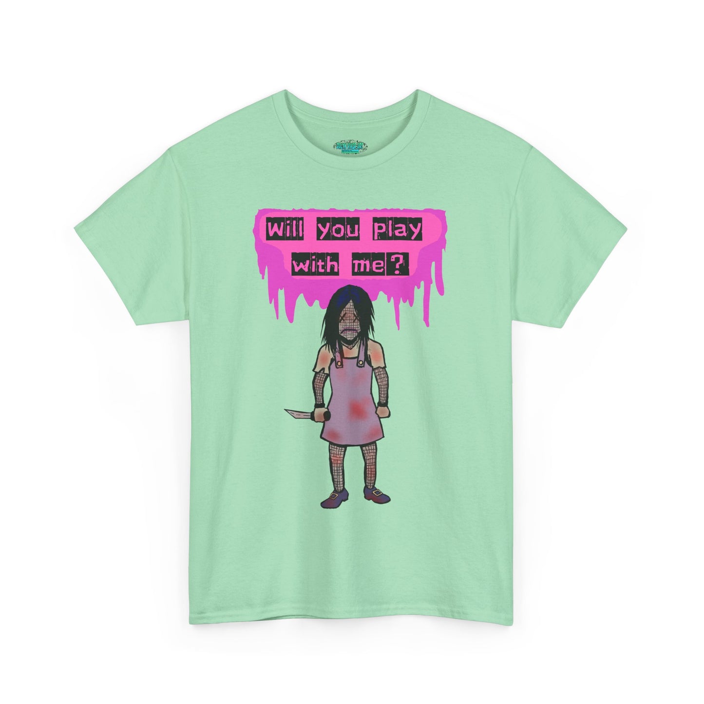 Playful Evil Doll Horror Graphic Tee, Unisex Heavy Cotton Shirt, Casual Wear, Unique Gift, Halloween Costume, Quirky Fashion