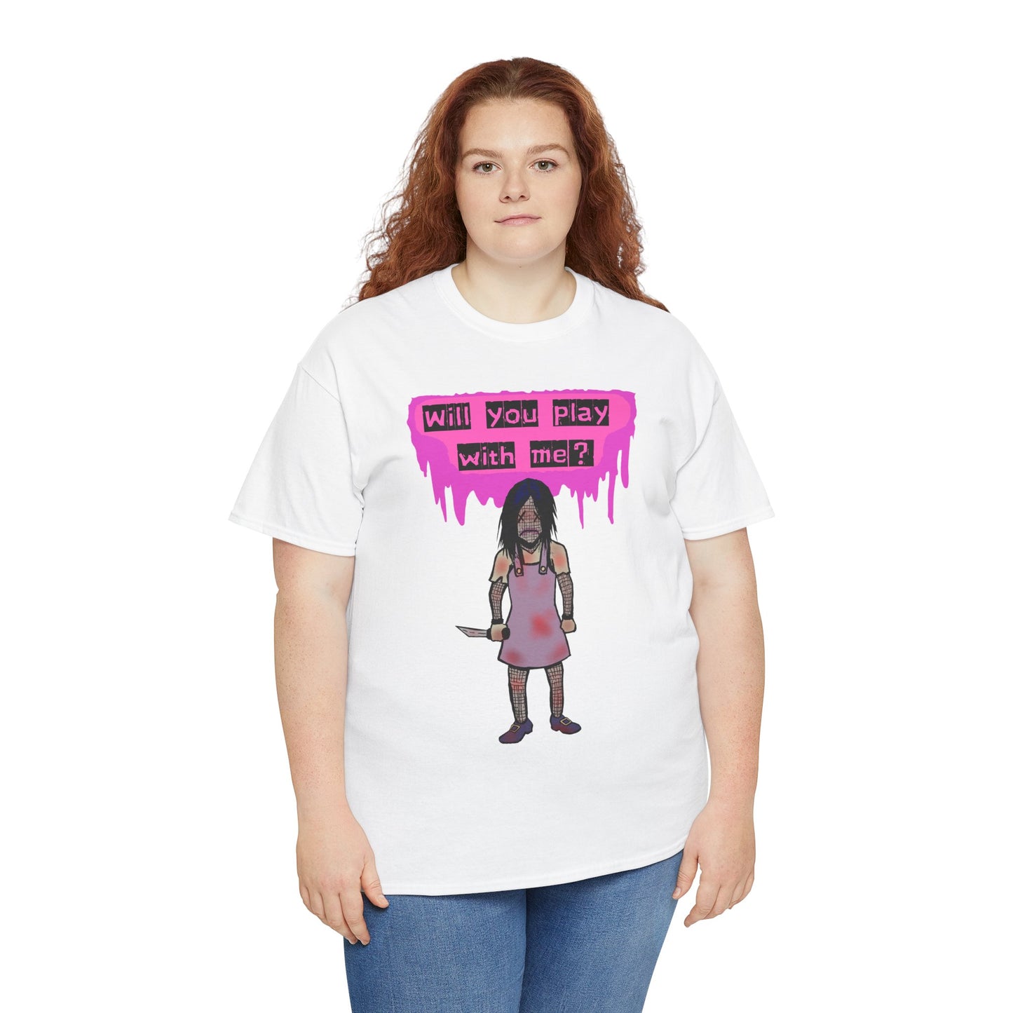 Playful Evil Doll Horror Graphic Tee, Unisex Heavy Cotton Shirt, Casual Wear, Unique Gift, Halloween Costume, Quirky Fashion