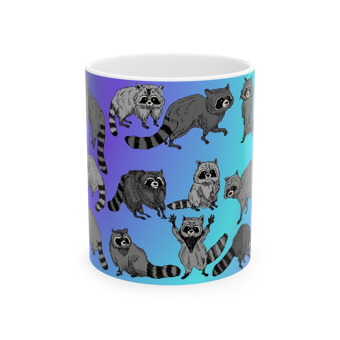 Raccoon Pattern Ceramic Mug — Cute Cartoon Raccoons on Gradient Background (11oz, 15oz)