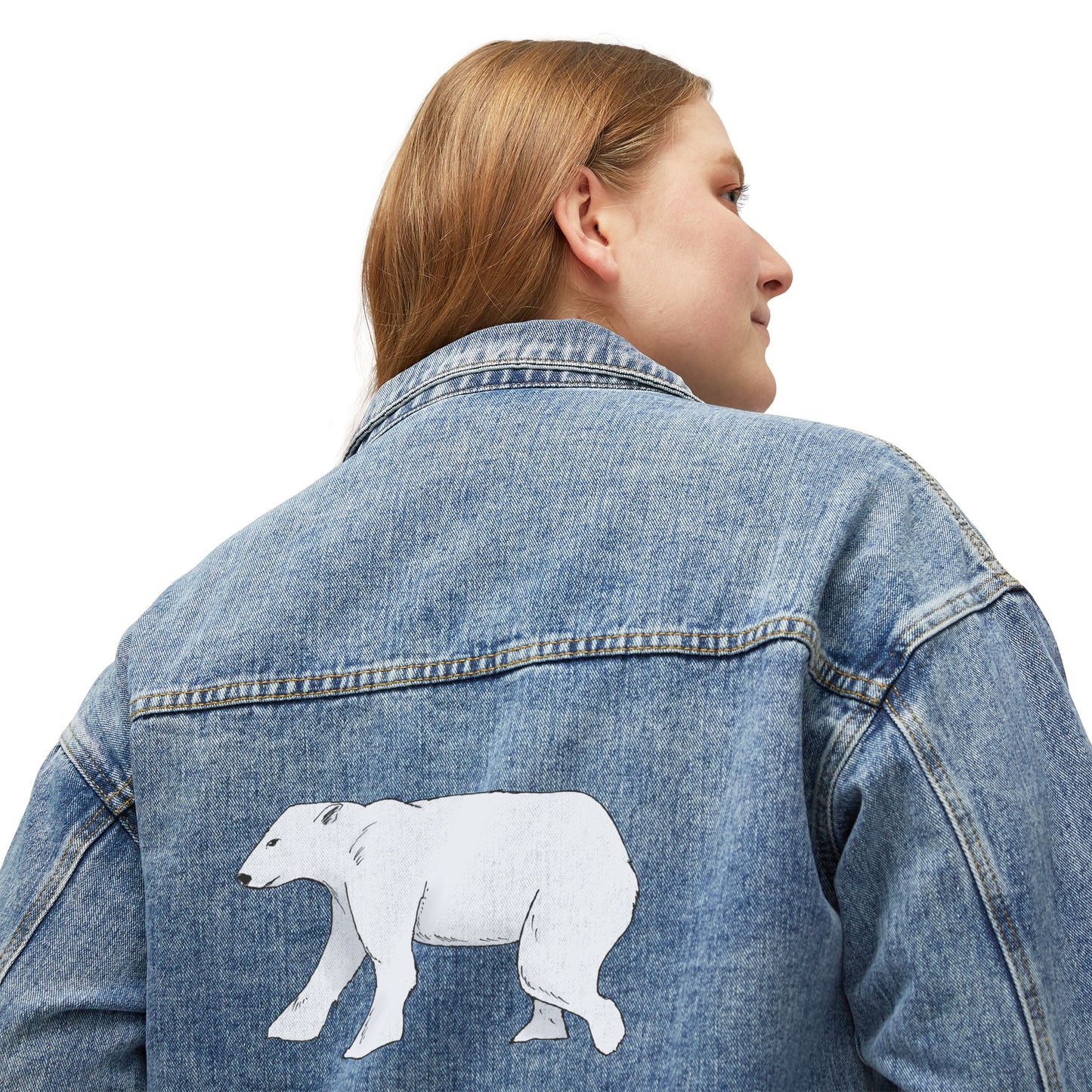 Women's Denim Jacket with White Polar Bear Back Graphic – Casual Vintage Outerwear