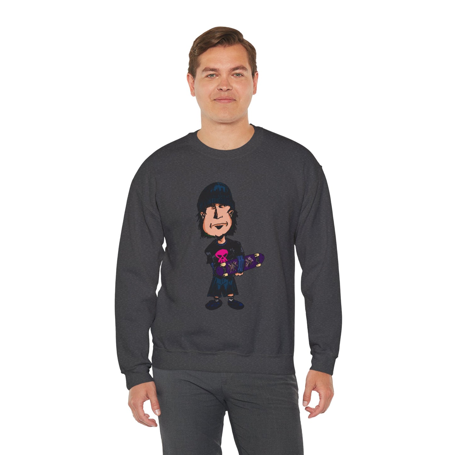 Rude Skater Dude - Skate Punk - Cartoon Skater Crewneck Sweatshirt – Cute Skateboarder Graphic Pullover