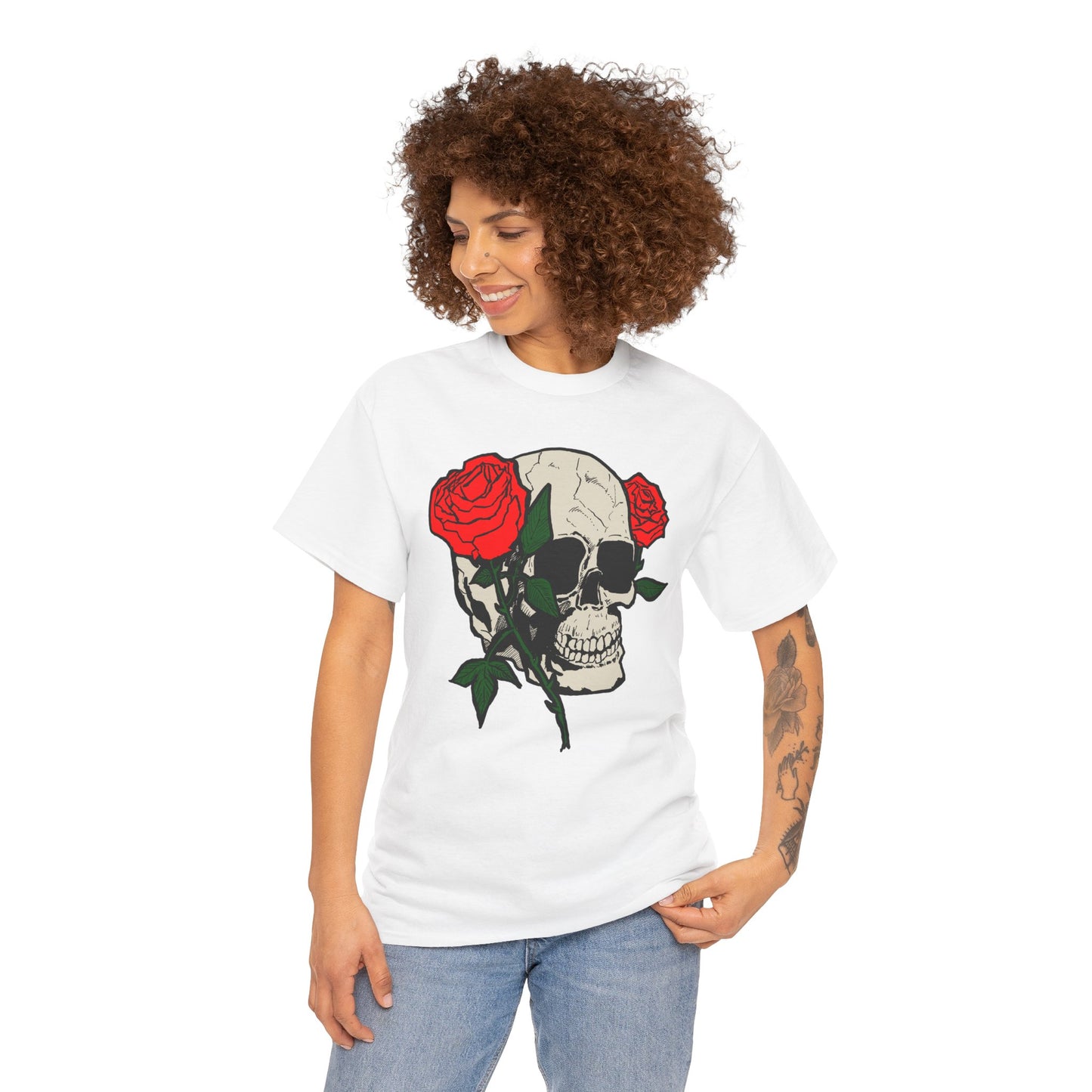 Skull & Roses Unisex Heavy Cotton Tee - Edgy Graphic T-Shirt for Casual Style