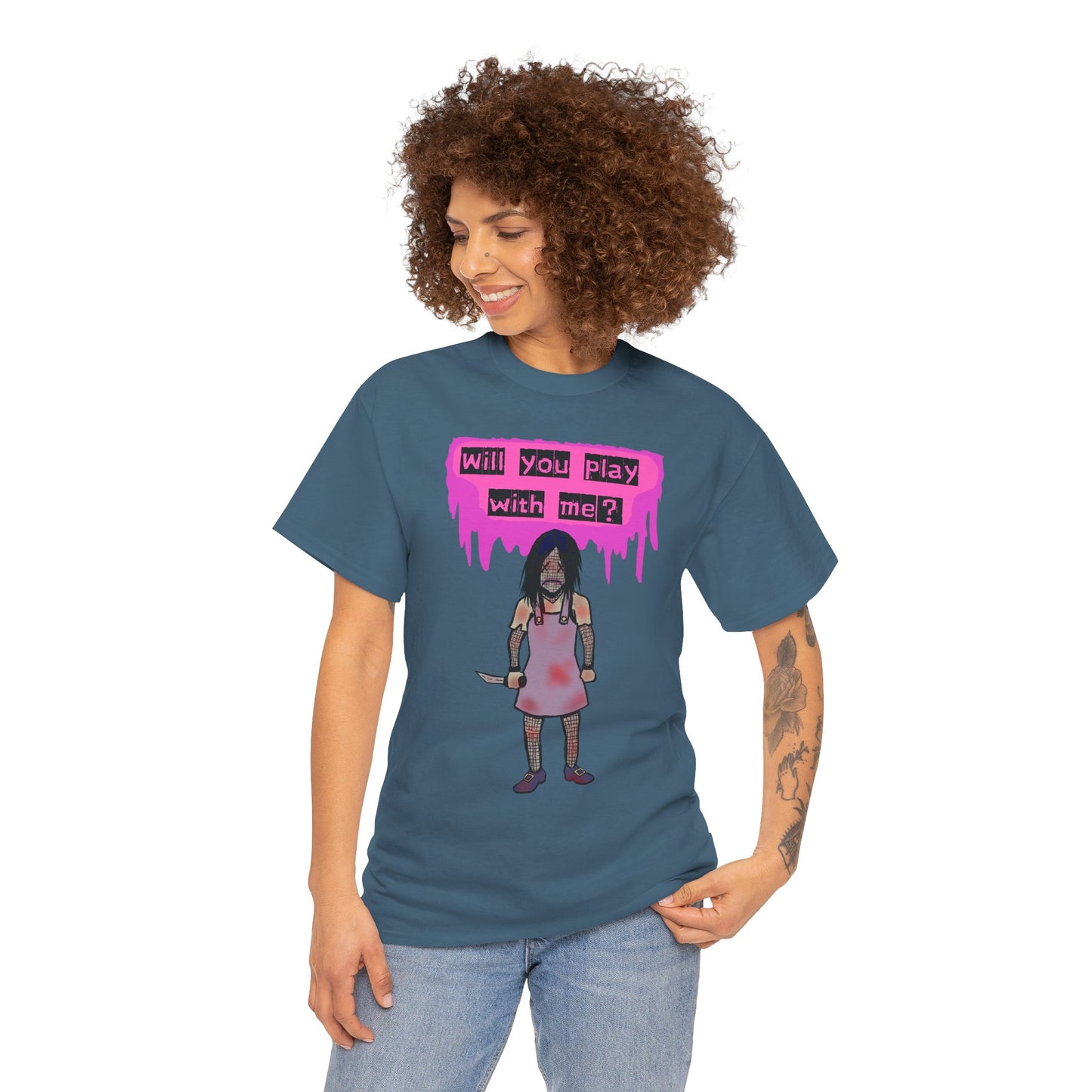 Playful Evil Doll Horror Graphic Tee, Unisex Heavy Cotton Shirt, Casual Wear, Unique Gift, Halloween Costume, Quirky Fashion