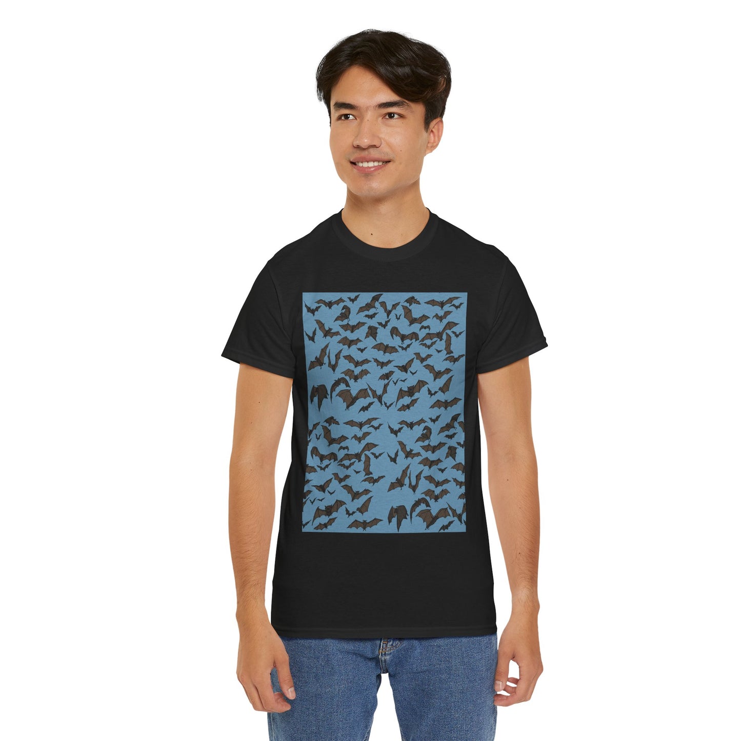 Unisex Bat Print Cotton Tee, Casual Graphic Tee, Halloween Apparel, Unique Gift for Animal Lovers, Stylish Everyday Wear