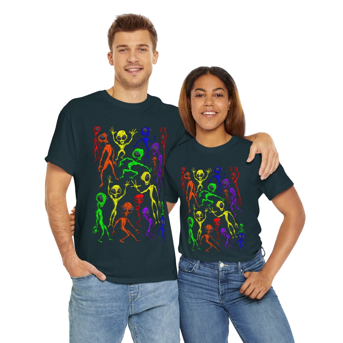 Rainbow Alien Dance Party Unisex Tee - Cosmic Sci-Fi Shirt