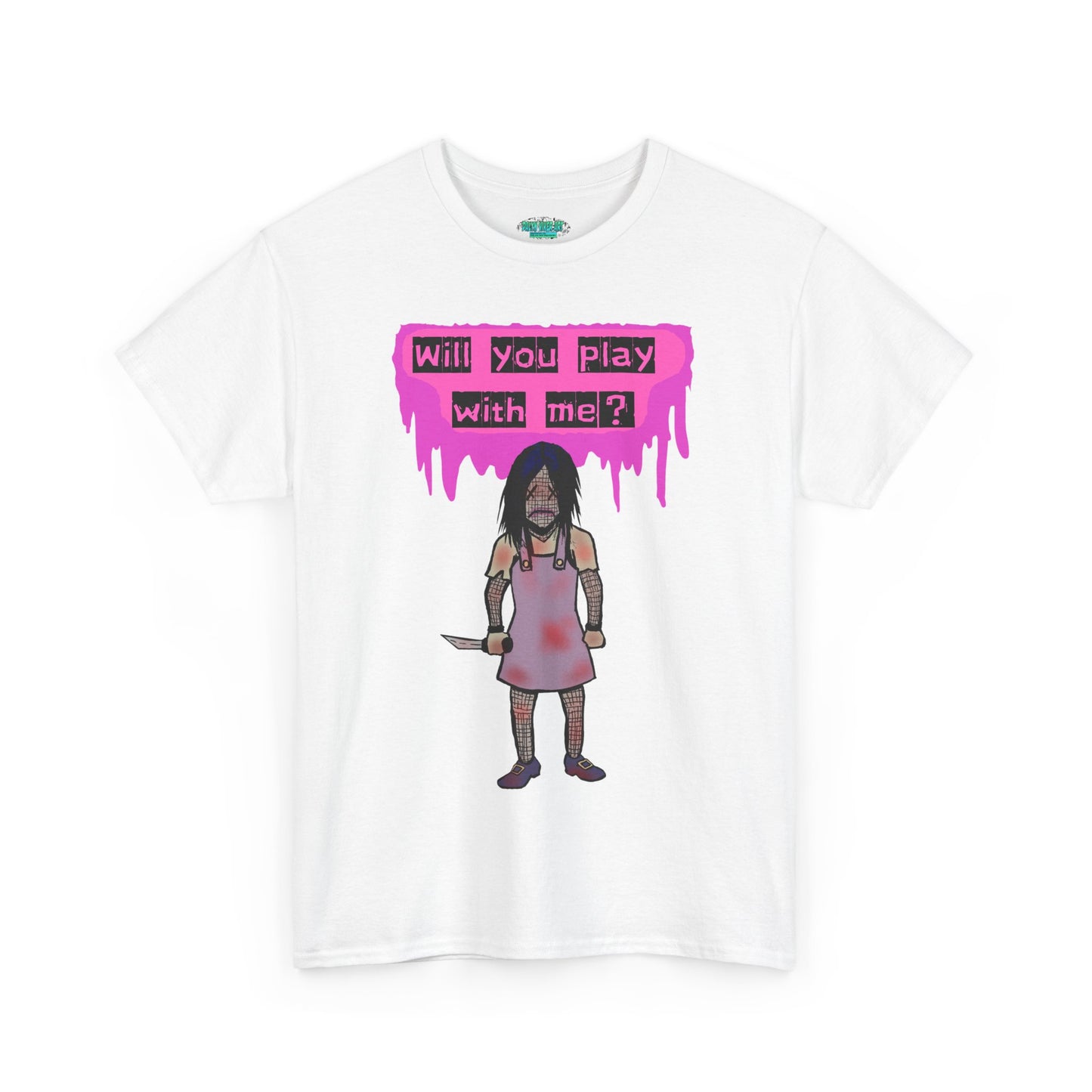 Playful Evil Doll Horror Graphic Tee, Unisex Heavy Cotton Shirt, Casual Wear, Unique Gift, Halloween Costume, Quirky Fashion