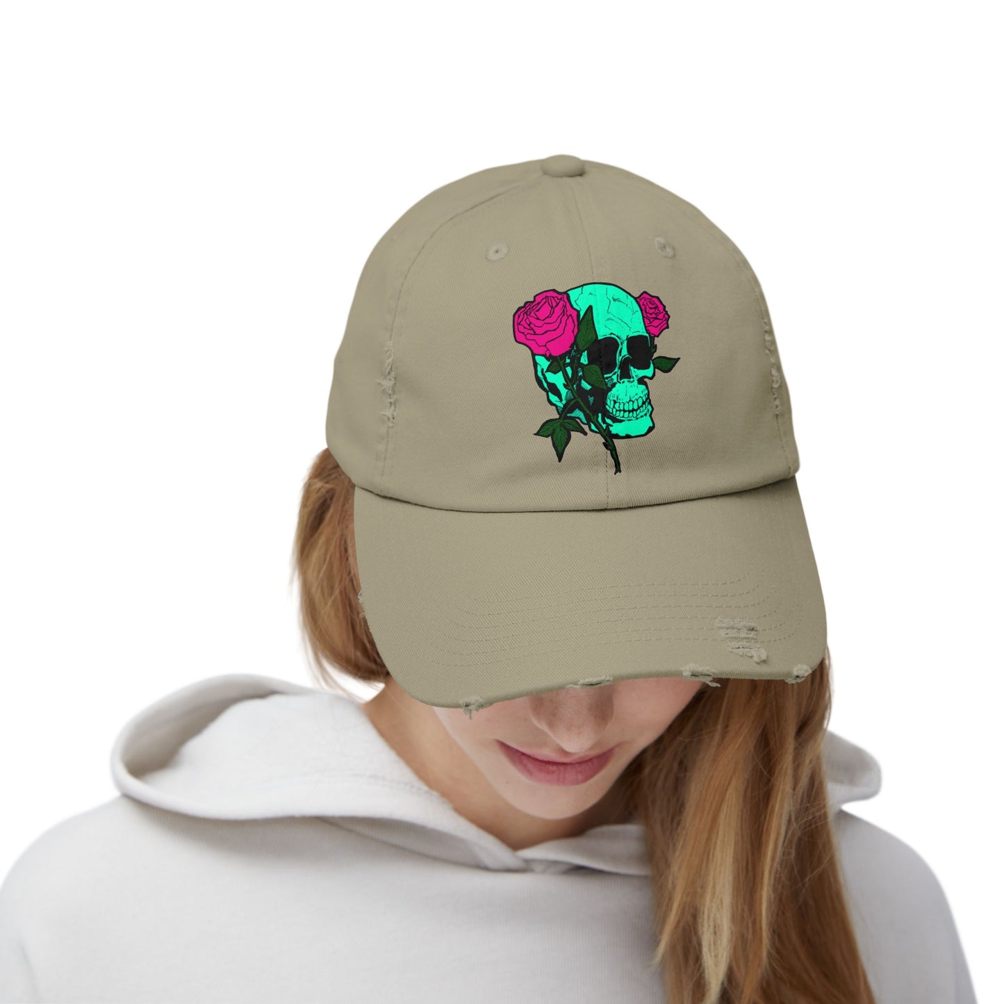 Trendy Distressed Skull Cap with Roses