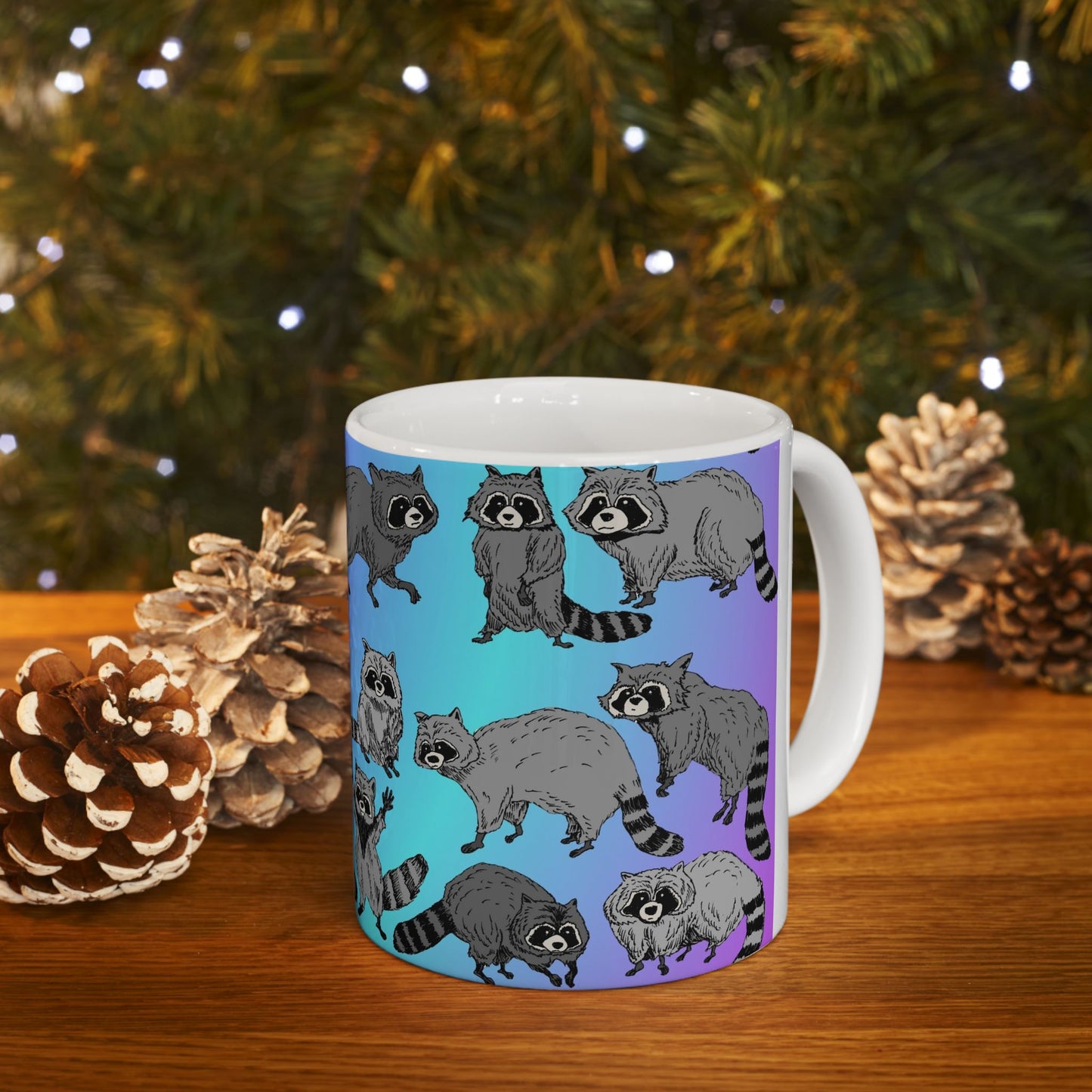 Raccoon Pattern Ceramic Mug — Cute Cartoon Raccoons on Gradient Background (11oz, 15oz)
