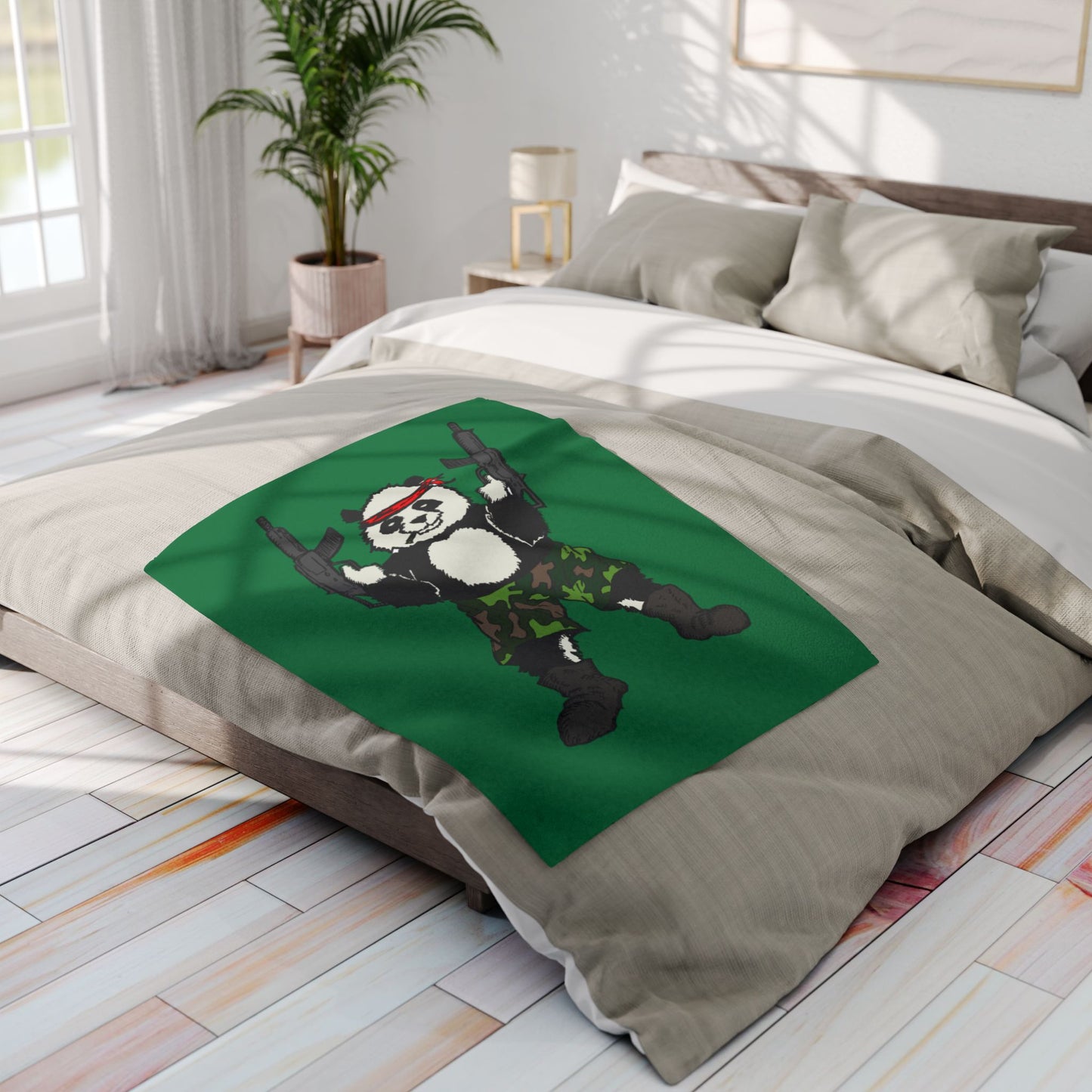 Fleece Blanket - Panda Guns Mercenary Military Rifle Comic Book Art Style