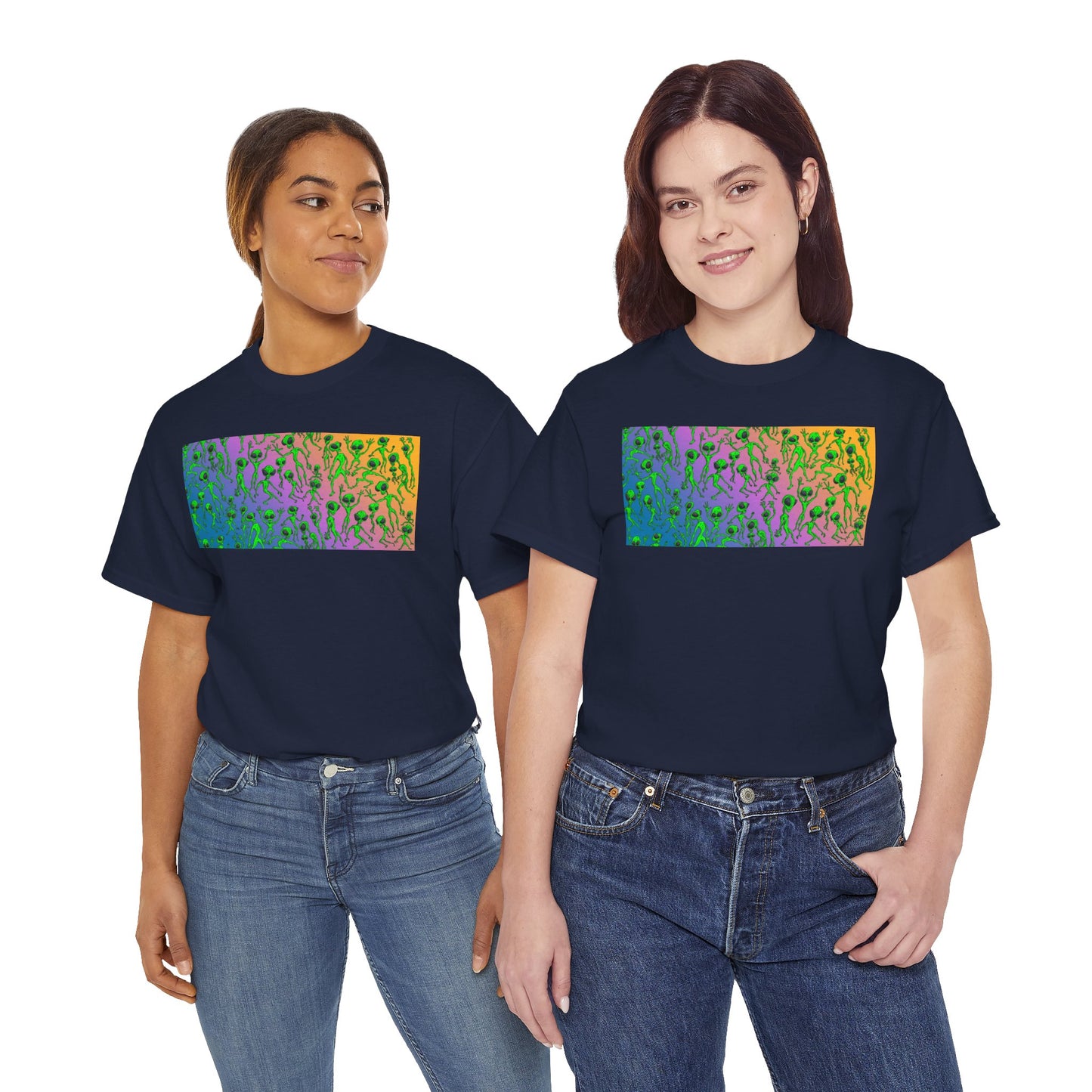 Alien Dance Party Gradient Tee — Colorful Psychedelic Green Aliens Art T-Shirt