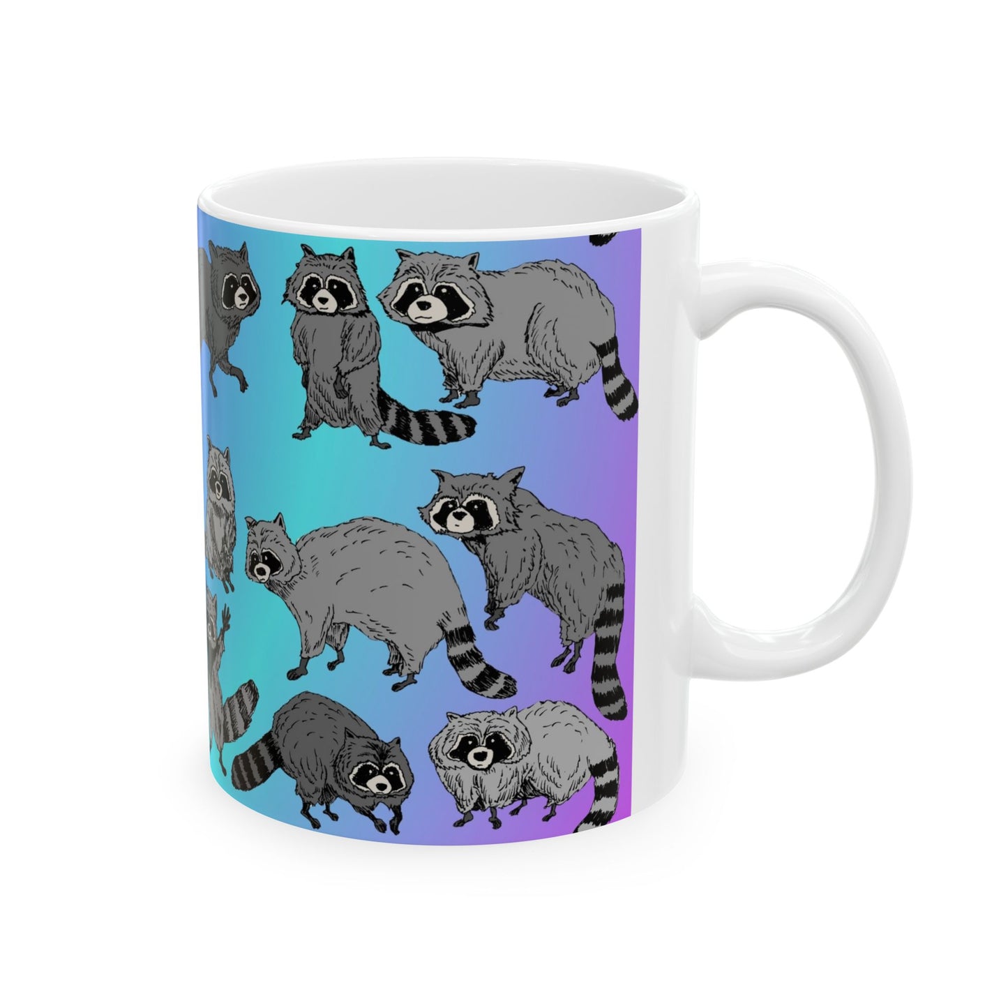 Raccoon Pattern Ceramic Mug — Cute Cartoon Raccoons on Gradient Background (11oz, 15oz)
