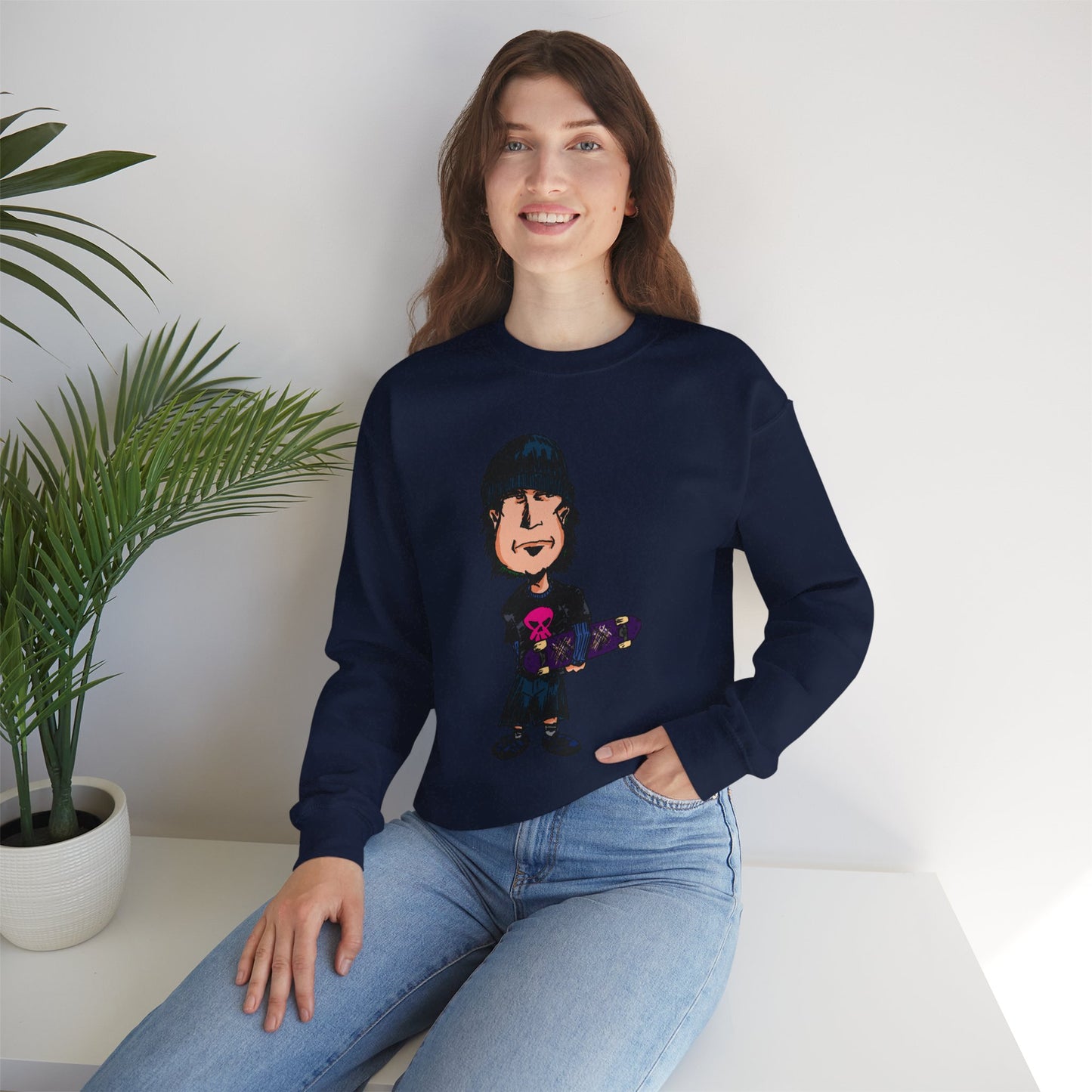 Rude Skater Dude - Skate Punk - Cartoon Skater Crewneck Sweatshirt – Cute Skateboarder Graphic Pullover