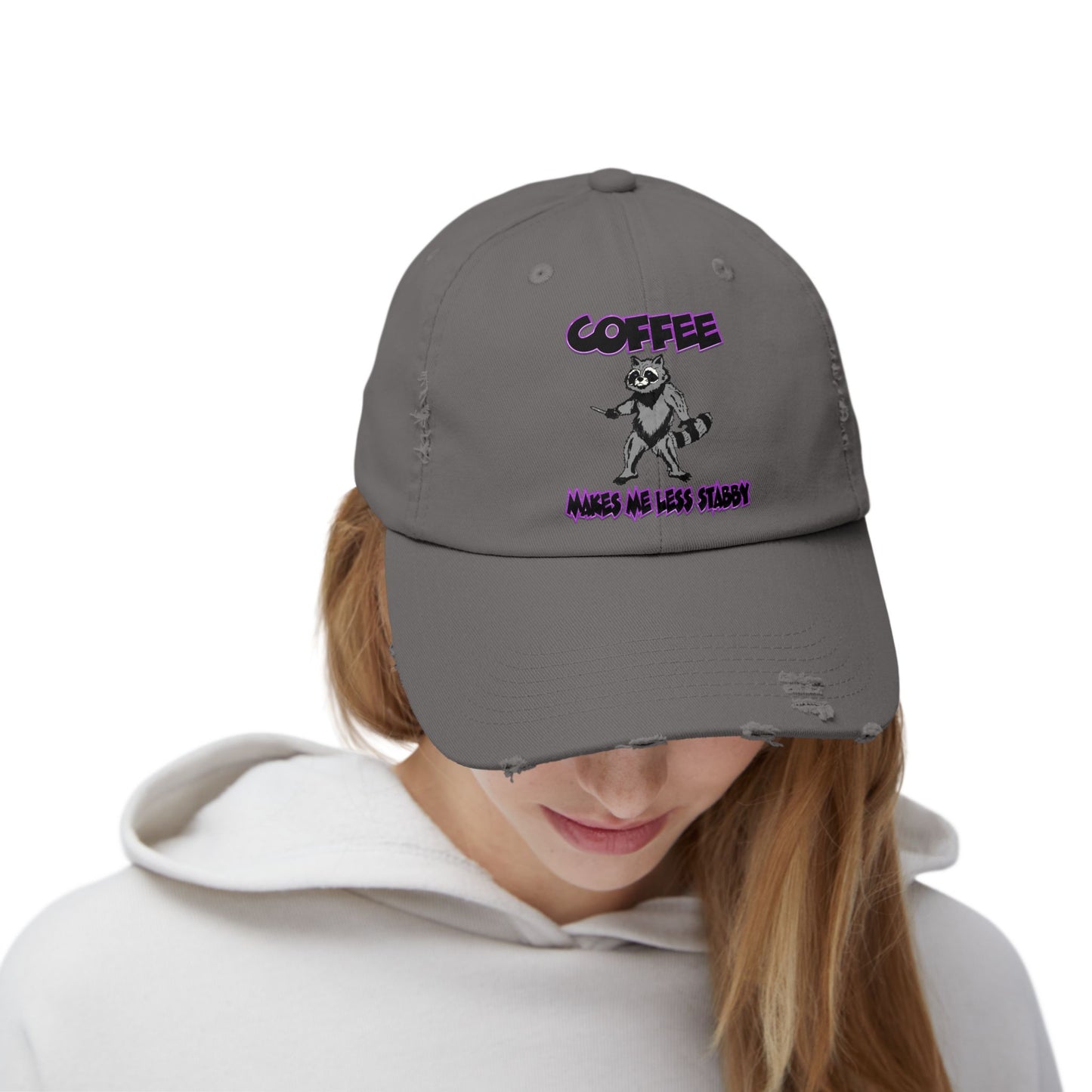 Funny Unisex Distressed Cap - "Coffee Makes Me Less Stabby" - Grumpy Raccoon