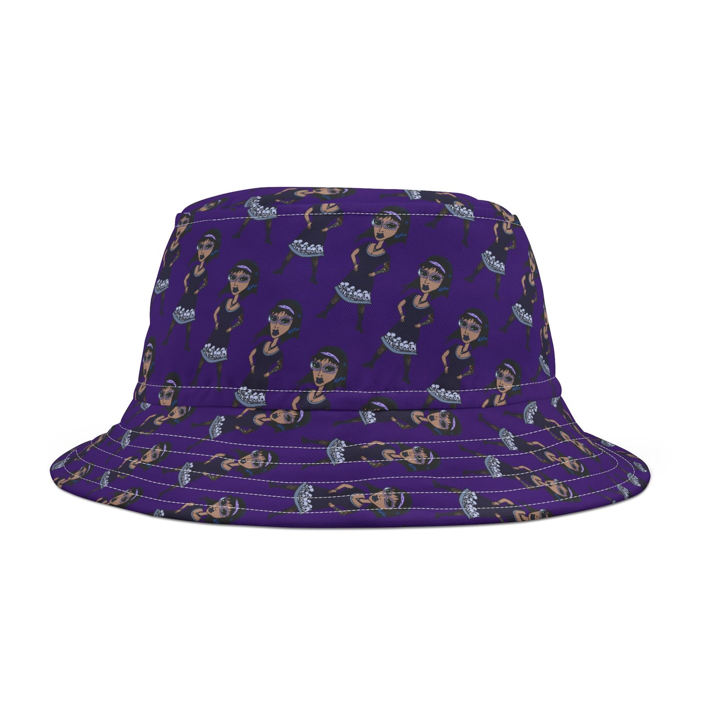 Purple Retro Goth Girl Pattern Bucket Hat — All-Over Print Fashion Accessory