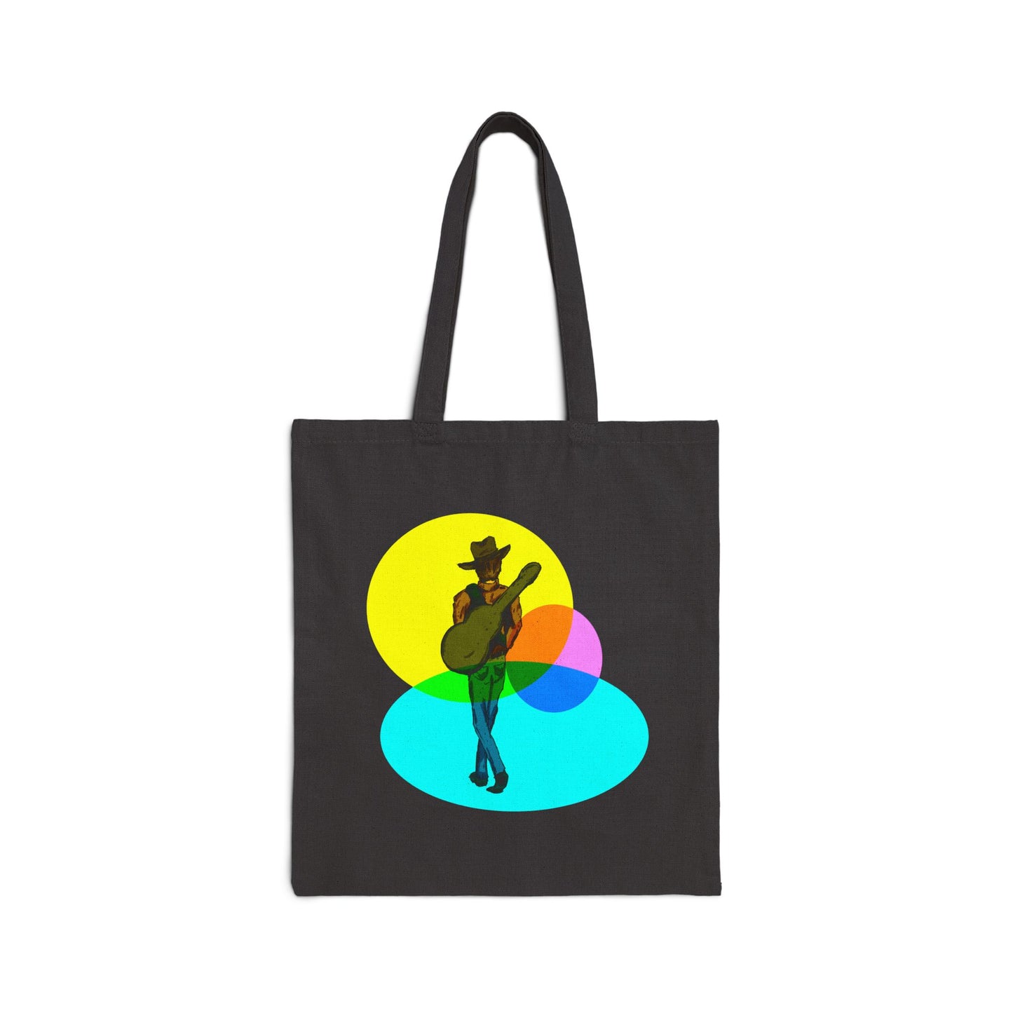 Cowboy Musician Tote Bag — Silhouette Guitarist Colorful Retro Circles Canvas Tote