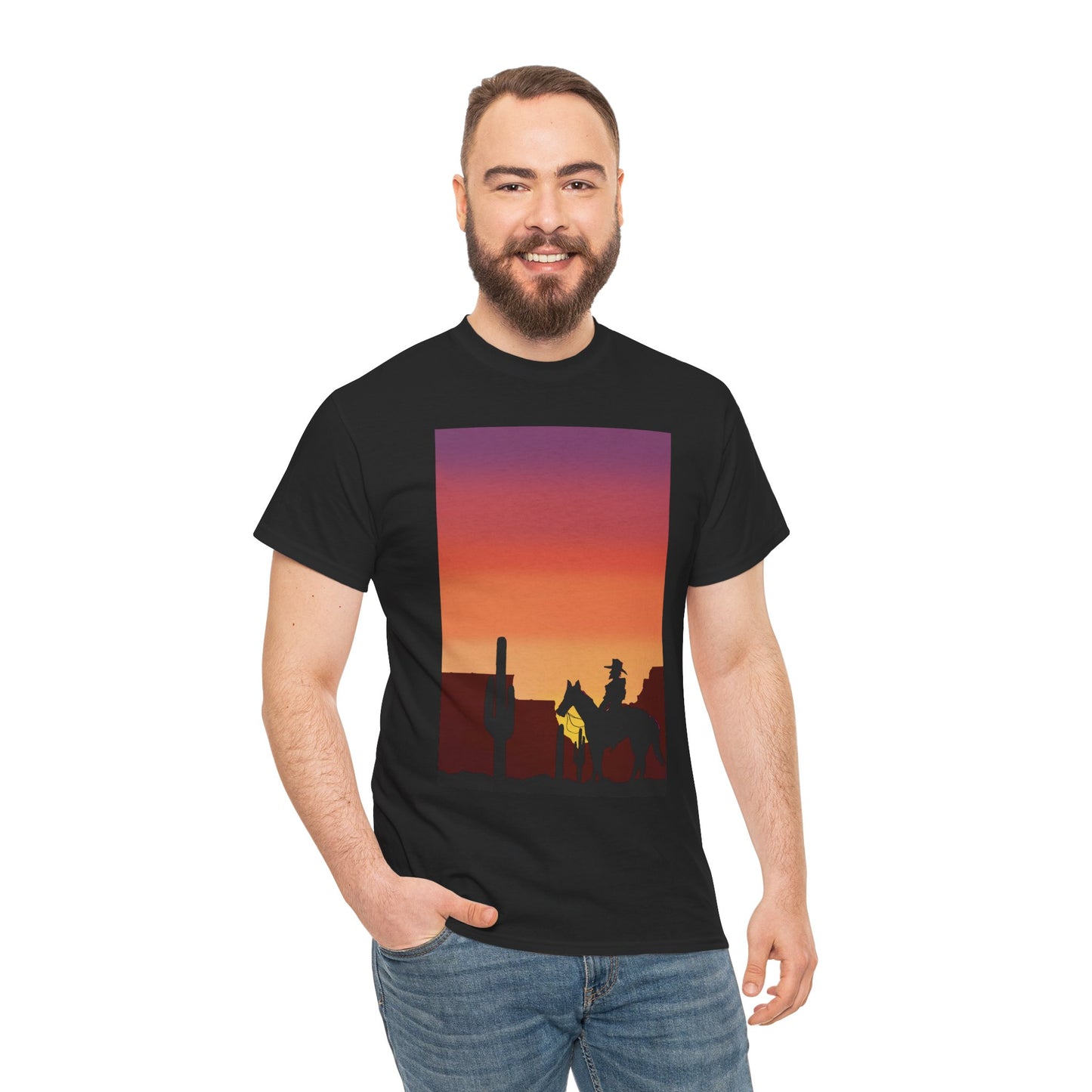 Sunset Cowboy Unisex Heavy Cotton Tee - Western Graphic Tee for Nature Lovers