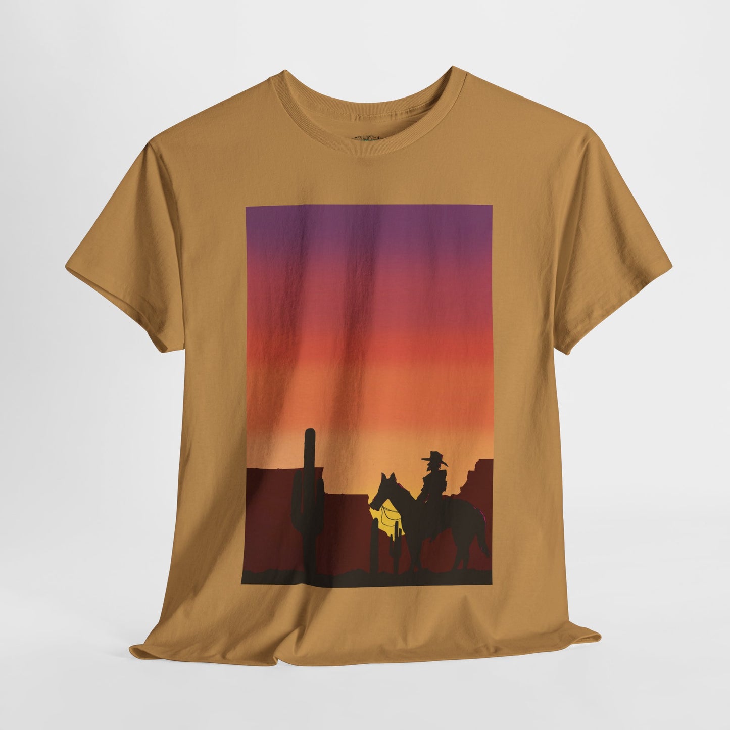 Sunset Cowboy Unisex Heavy Cotton Tee - Western Graphic Tee for Nature Lovers