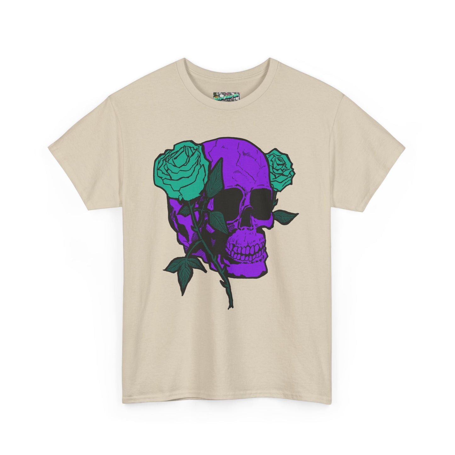 Skull & Rose Tee — Purple Skull with Turquoise Roses Graphic T-Shirt