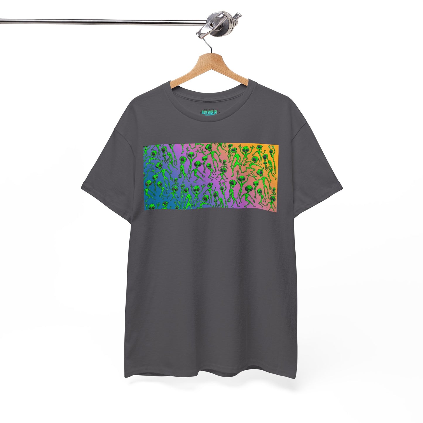 Alien Dance Party Gradient Tee — Colorful Psychedelic Green Aliens Art T-Shirt