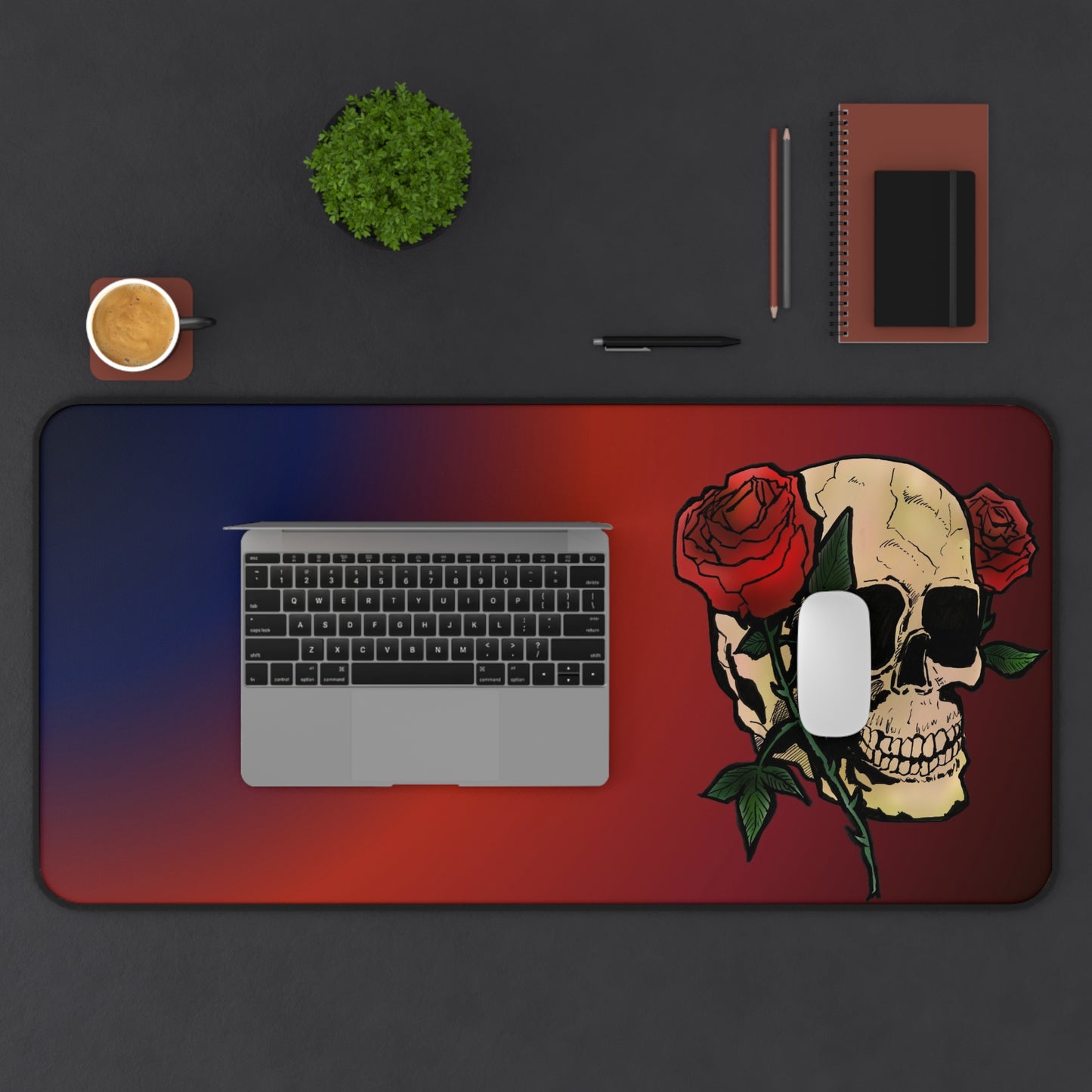 Skull & Roses Gradient Desk Mat — Gothic Gaming Mouse Pad
