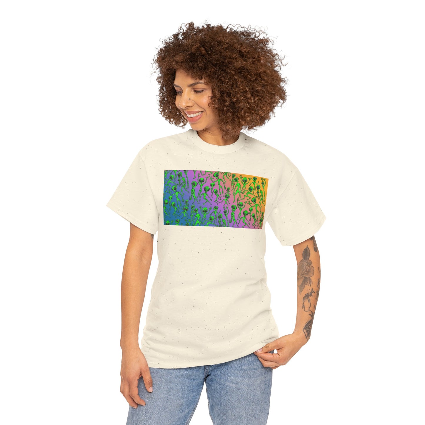 Alien Dance Party Gradient Tee — Colorful Psychedelic Green Aliens Art T-Shirt