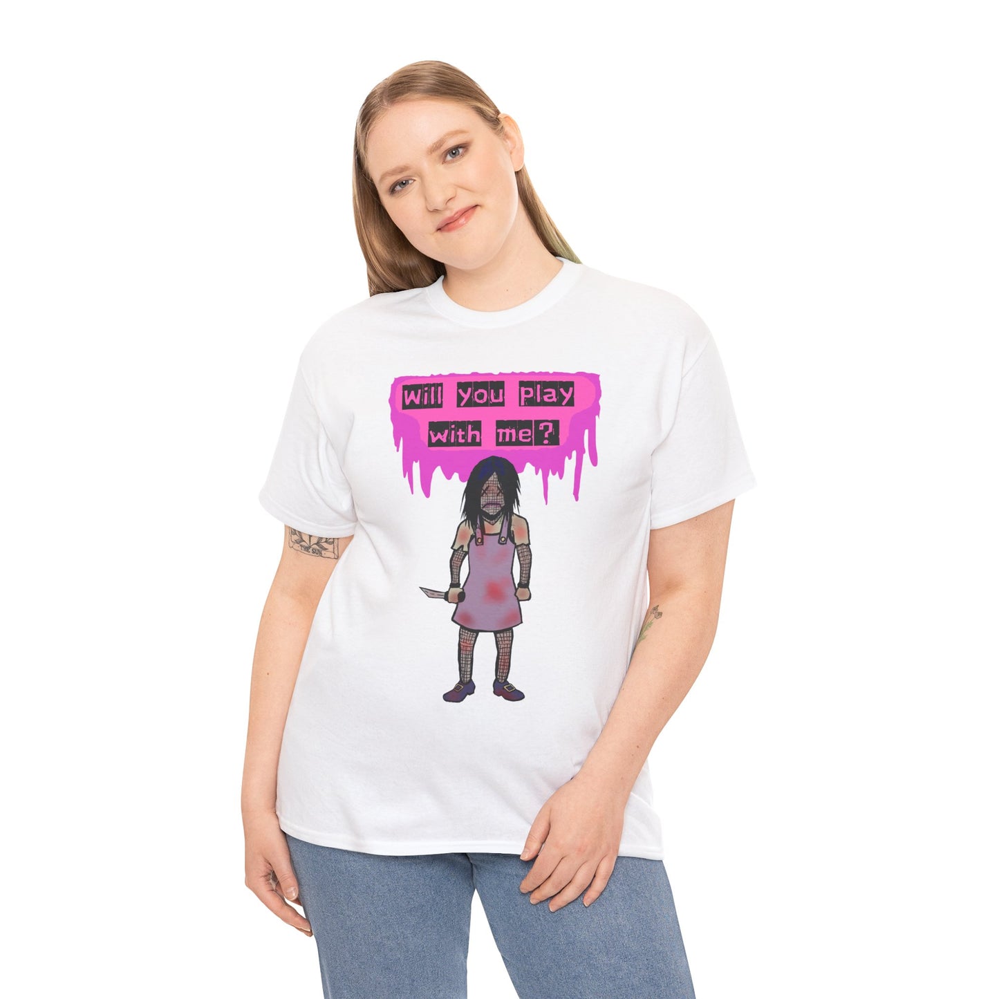 Playful Evil Doll Horror Graphic Tee, Unisex Heavy Cotton Shirt, Casual Wear, Unique Gift, Halloween Costume, Quirky Fashion